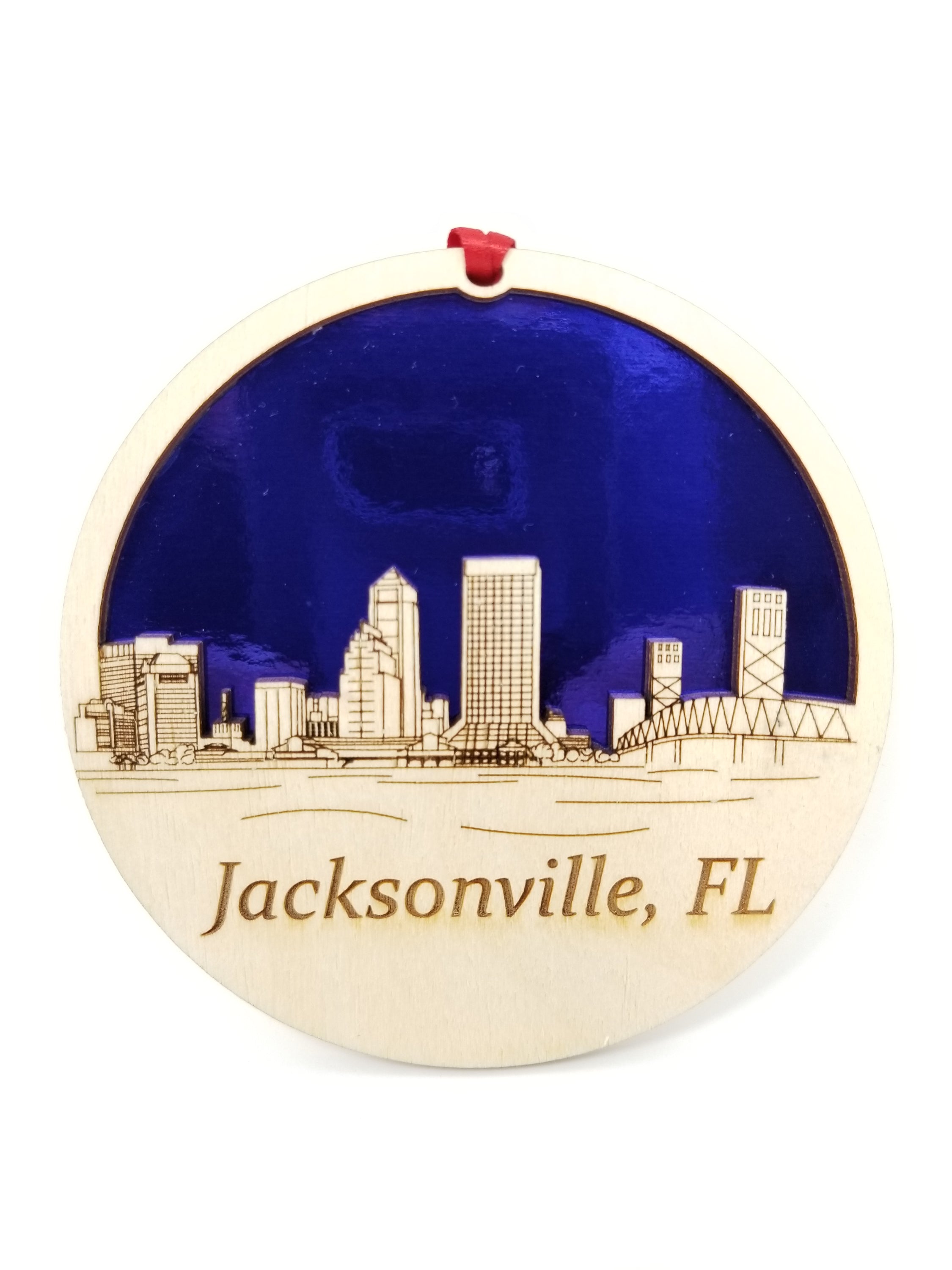 Jacksonville Skyline Ornament made from premium Baltic birch wood, showcasing intricate skyline details.