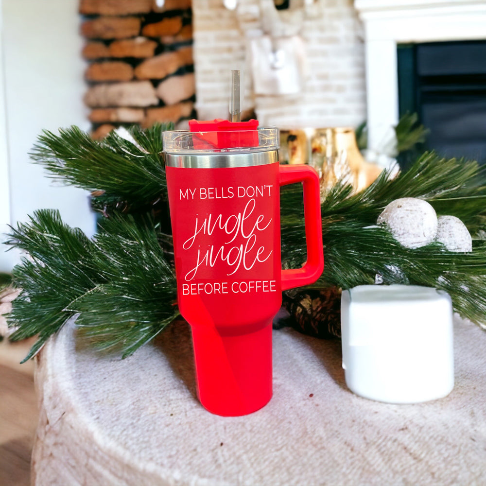 Jingle Jingle 40oz insulated coffee mug with red exterior, stainless steel interior, and humorous quote design.