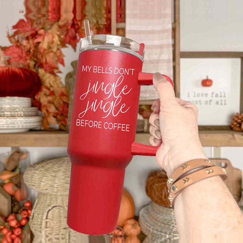 Jingle Jingle 40oz insulated coffee mug with red exterior, stainless steel interior, and humorous quote design.