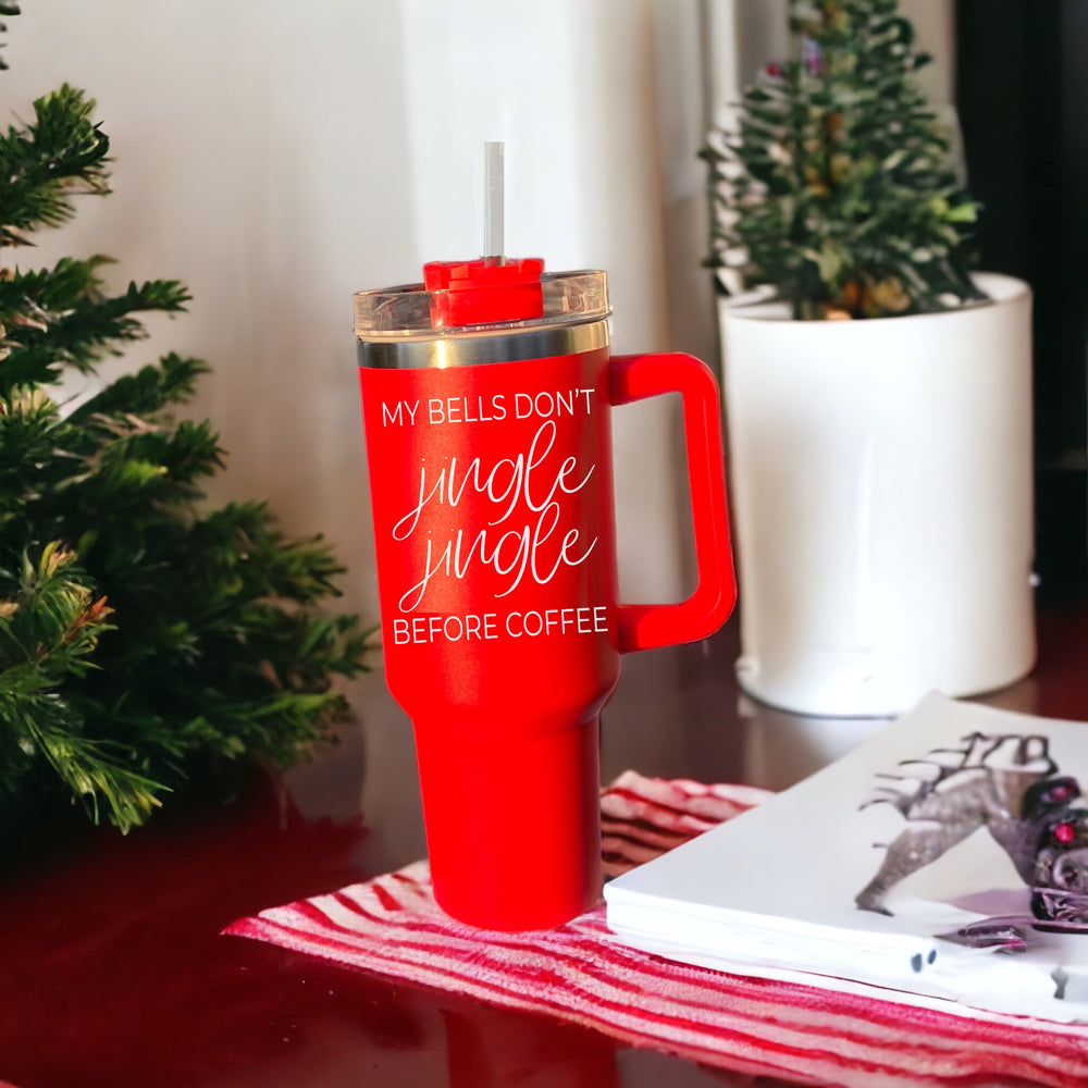 Jingle Jingle 40oz insulated coffee mug with red exterior, stainless steel interior, and humorous quote design.