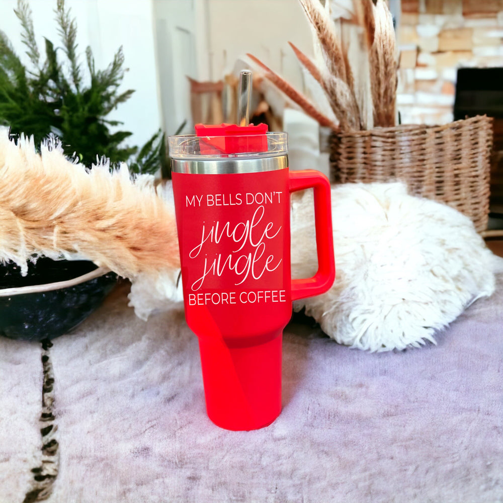 Jingle Jingle 40oz insulated coffee mug with red exterior, stainless steel interior, and humorous quote design.