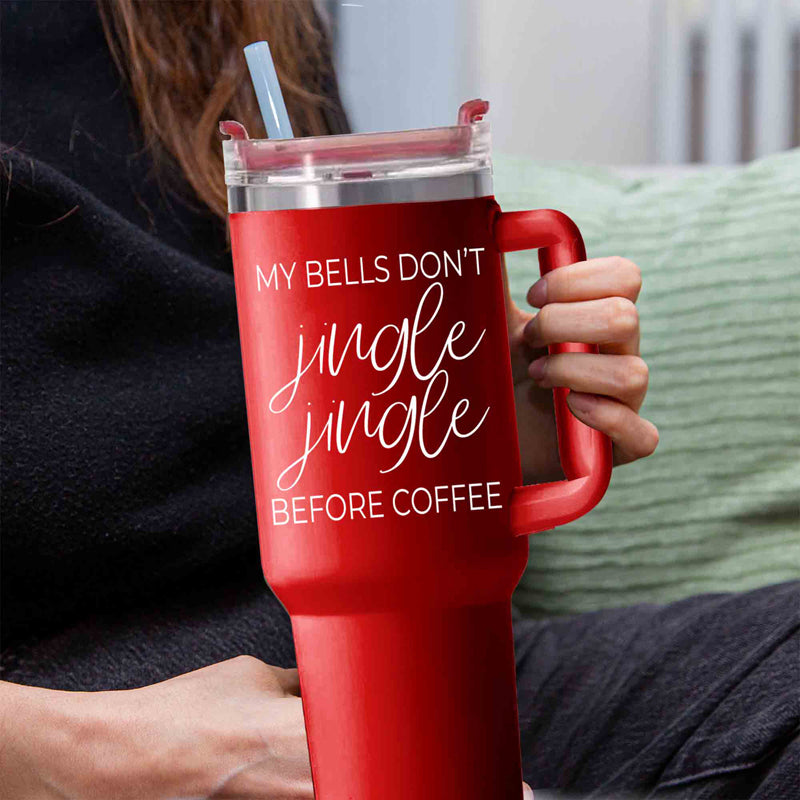 Jingle Jingle 40oz insulated coffee mug with red exterior, stainless steel interior, and humorous quote design.