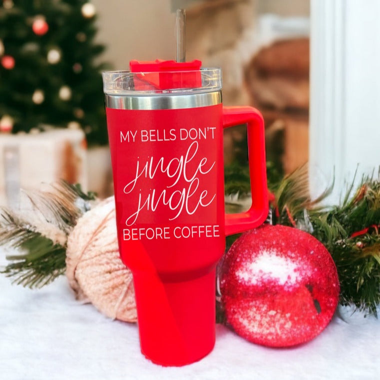 Jingle Jingle 40oz insulated coffee mug with red exterior, stainless steel interior, and humorous quote design.