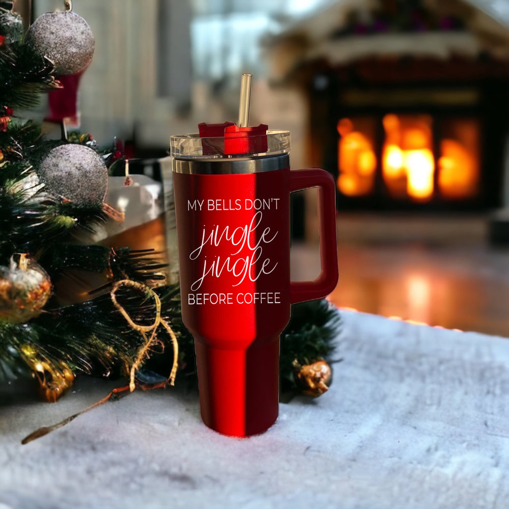 Jingle Jingle 40oz insulated coffee mug with red exterior, stainless steel interior, and humorous quote design.