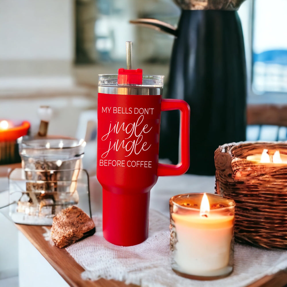 Jingle Jingle 40oz insulated coffee mug with red exterior, stainless steel interior, and humorous quote design.