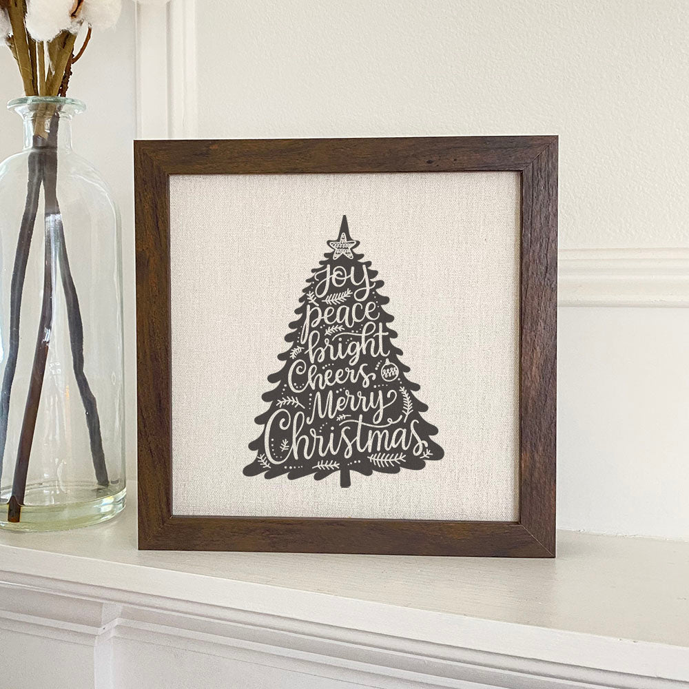 Joy Christmas Tree framed sign with a rustic wood frame and linen-look background, perfect for holiday decor.