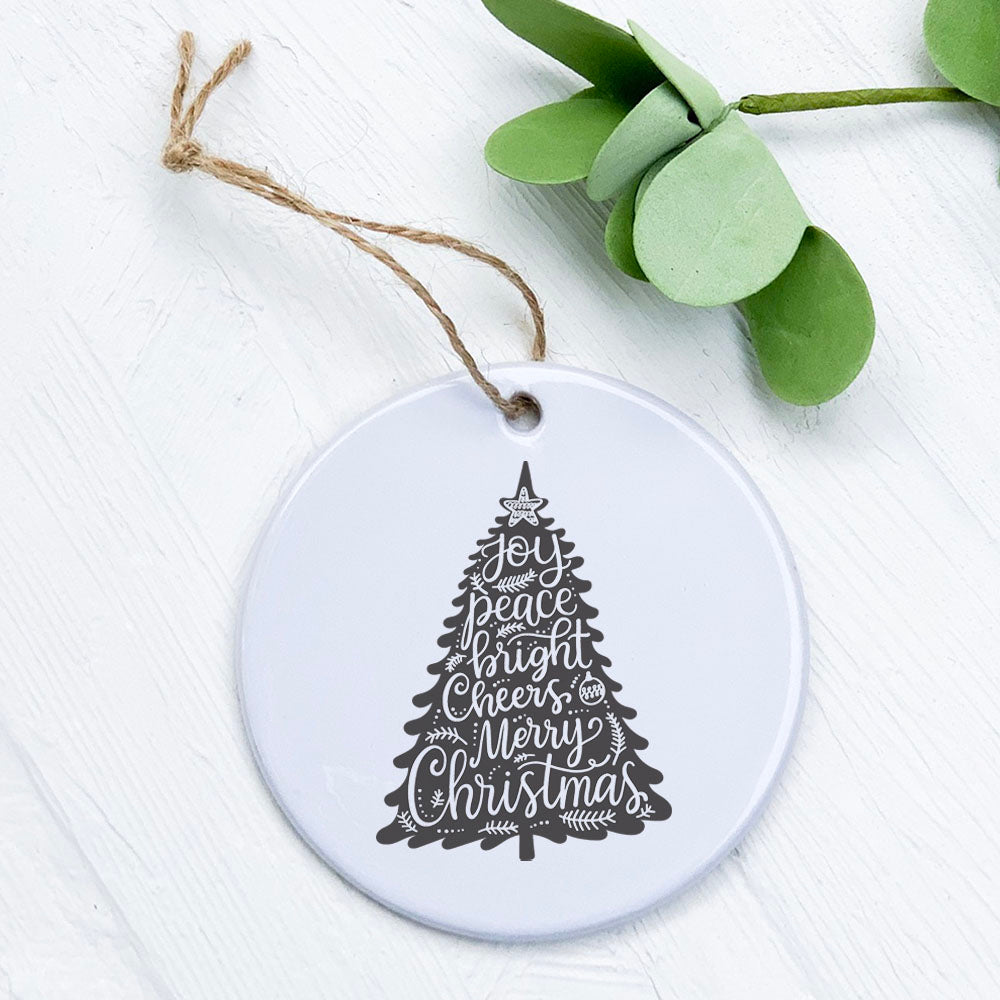 Joy Christmas Tree Ornament made of high-quality porcelain with vibrant design, perfect for holiday decor and gifting.