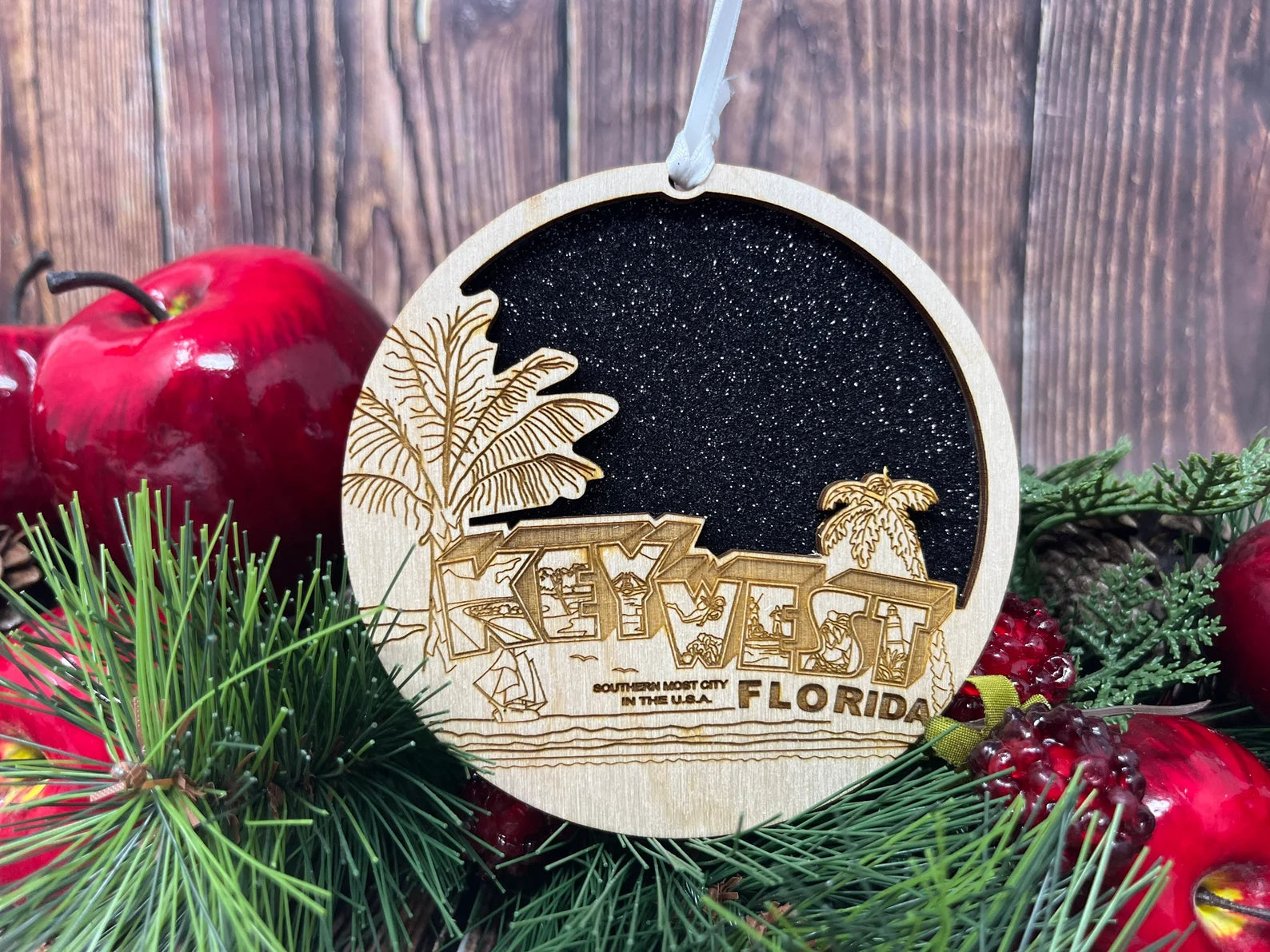 Key West skyline ornament made from premium Baltic birch wood, measuring 4 inches, showcasing intricate design.