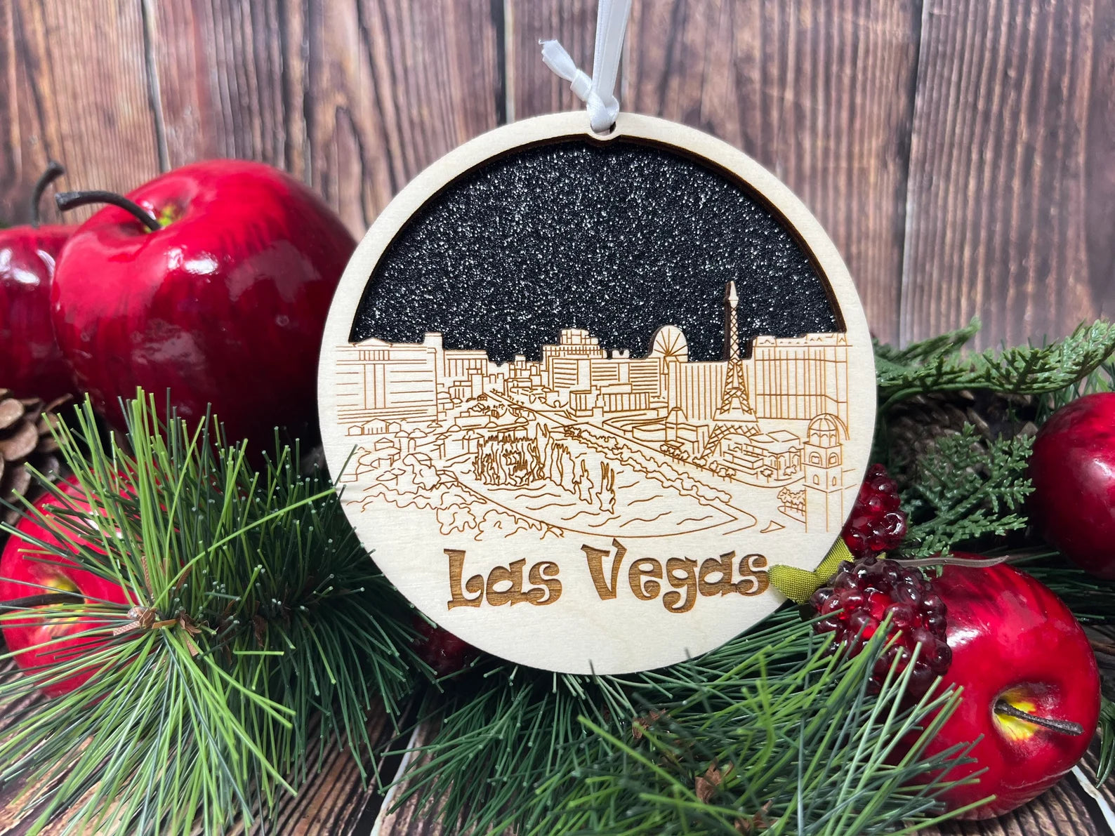 Las Vegas Skyline Ornament made from premium Baltic birch wood, showcasing intricate skyline details.