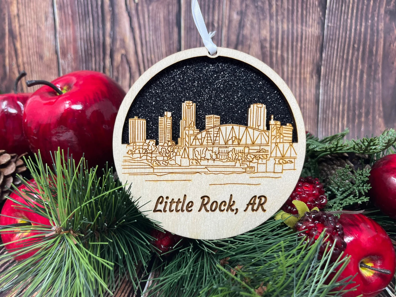 Little Rock Skyline Ornament made from premium Baltic birch wood, showcasing the city's iconic skyline design.