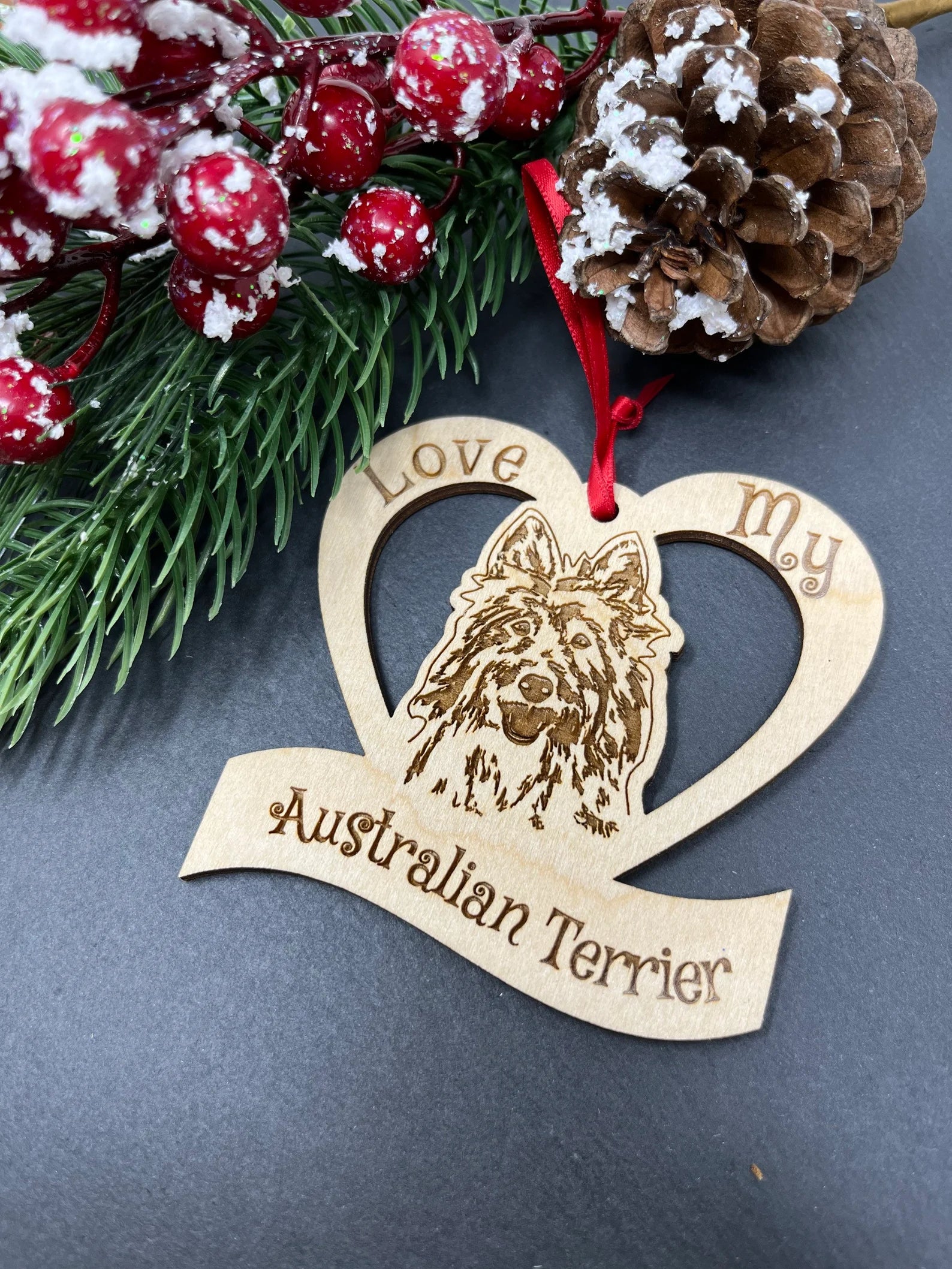 Love My Australian Terrier ornament, laser engraved wooden design featuring an Australian Terrier, perfect for Christmas decoration.