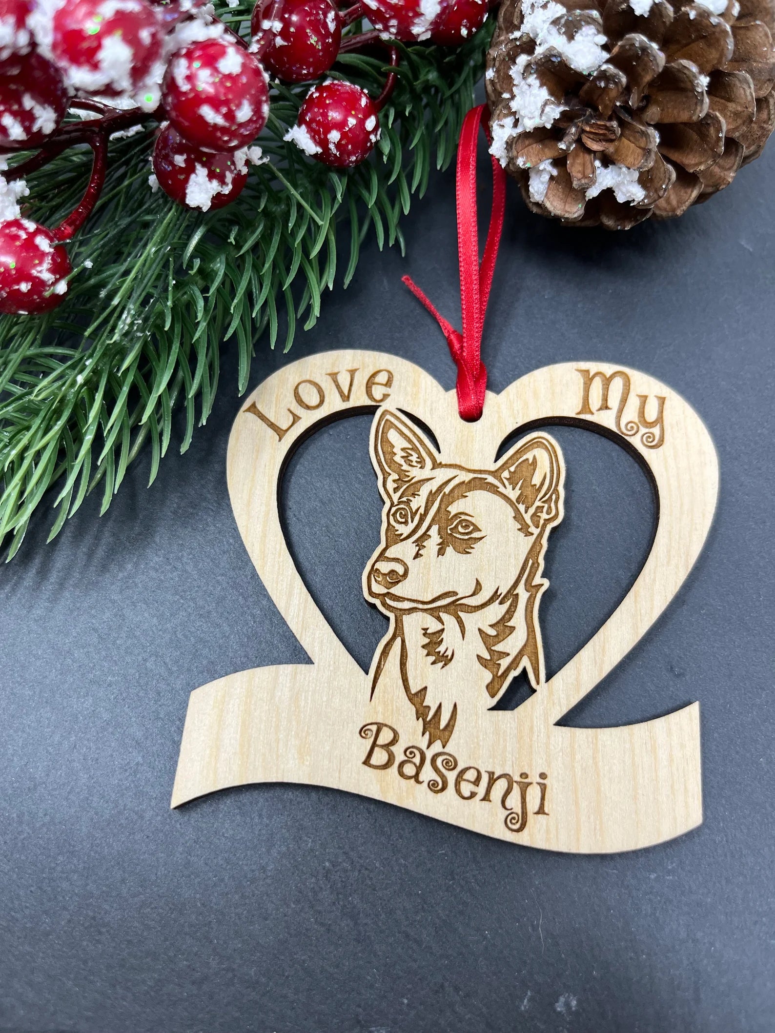 Love My Basenji ornament made of laser engraved Baltic Birch wood, featuring a unique design celebrating the Basenji breed.