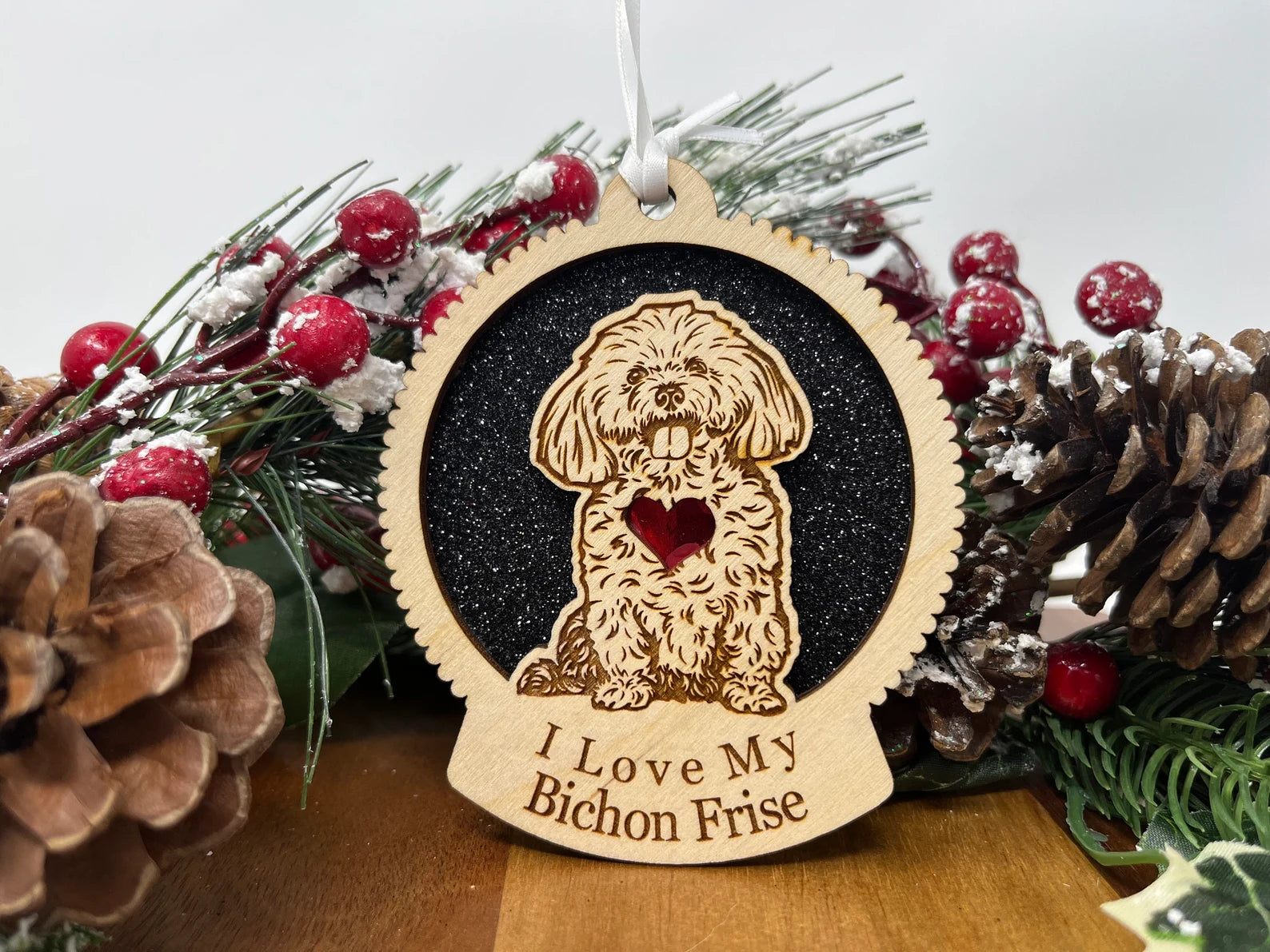 Love My Bichon ornament featuring a laser-cut silhouette of a Bichon Frise, made from Baltic Birch wood, perfect for Christmas decoration.