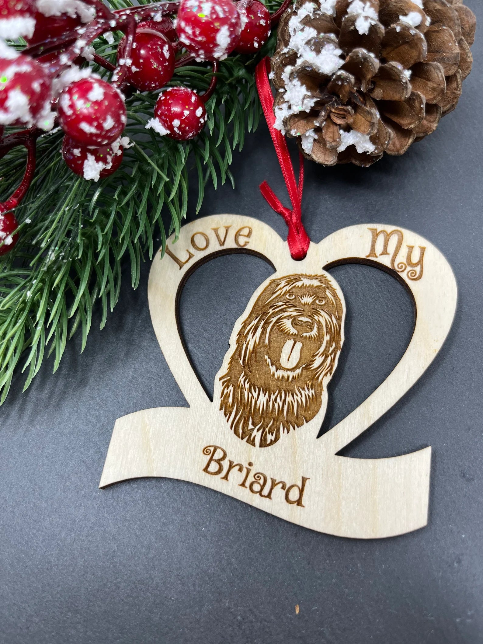 Love My Briard ornament made of laser engraved Baltic Birch wood, featuring a unique design celebrating the Briard breed.