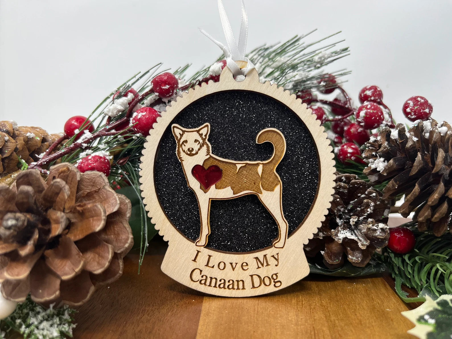 Love My Canaan ornament featuring a laser-cut wooden dog silhouette, perfect for Christmas decoration.