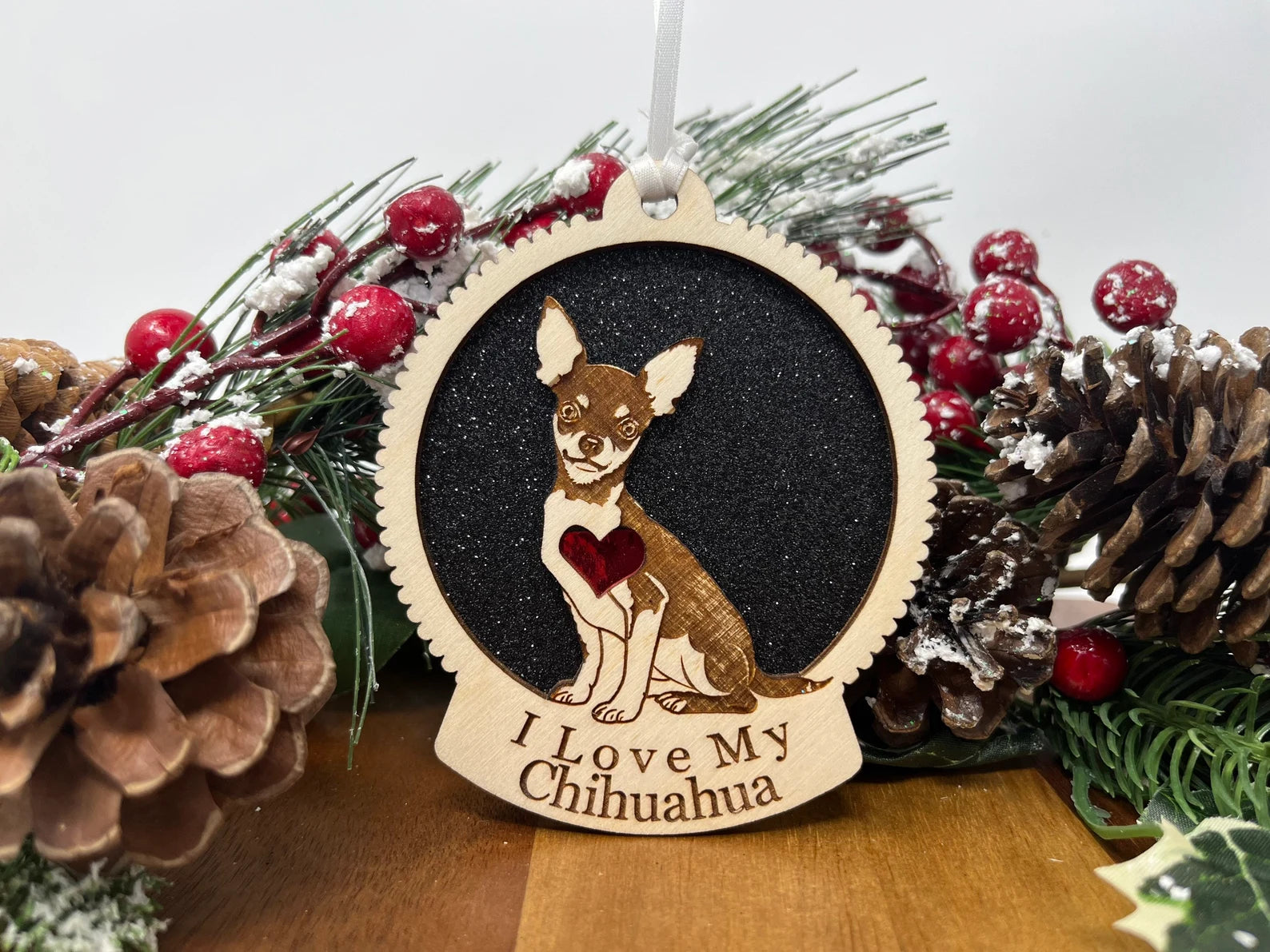 Beautiful laser-cut wooden ornament featuring a Chihuahua silhouette, perfect for Christmas decoration.