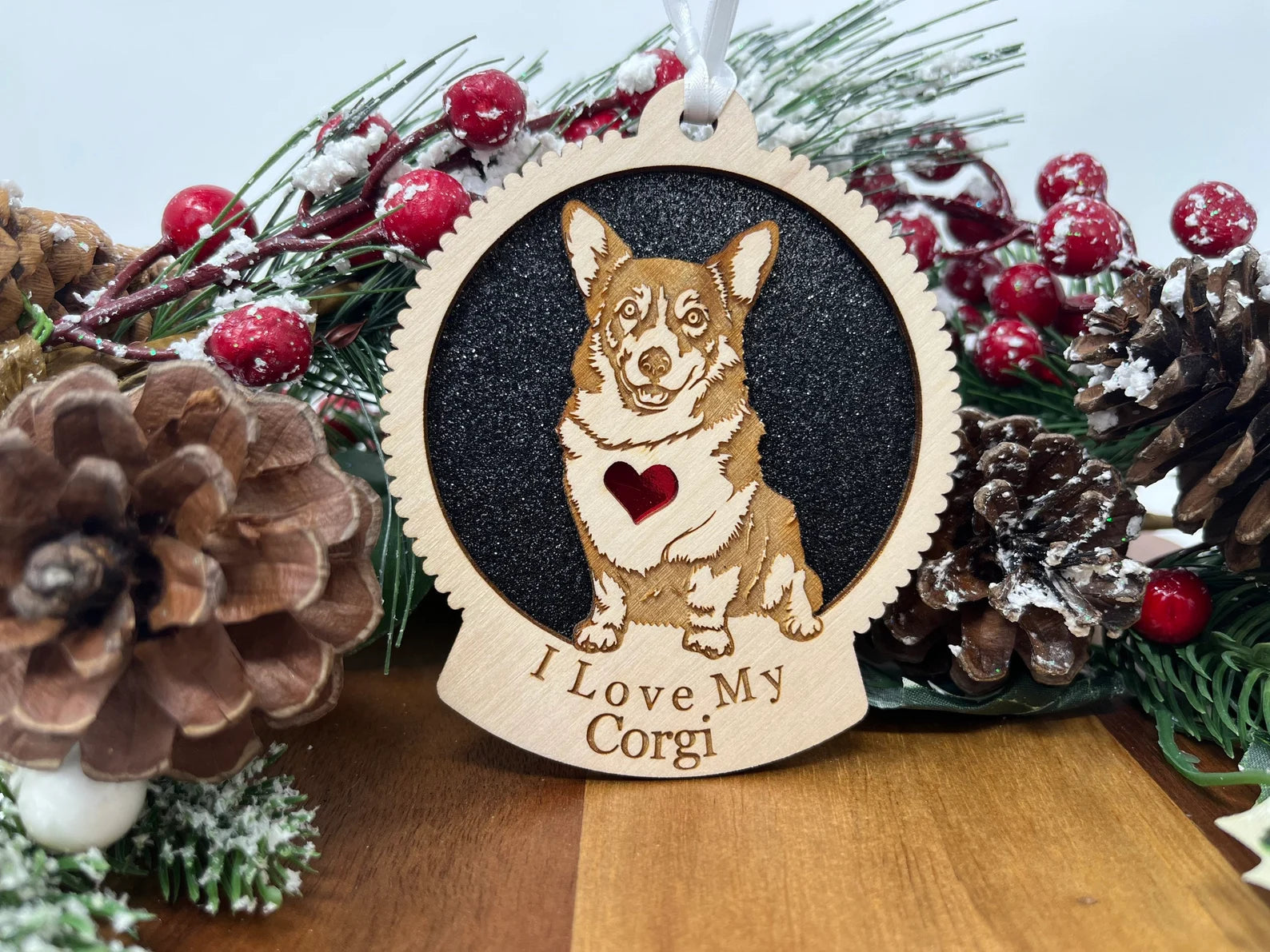 A beautifully crafted Love My Corgi ornament made from laser-cut Baltic Birch wood, featuring a corgi silhouette, perfect for Christmas decoration.