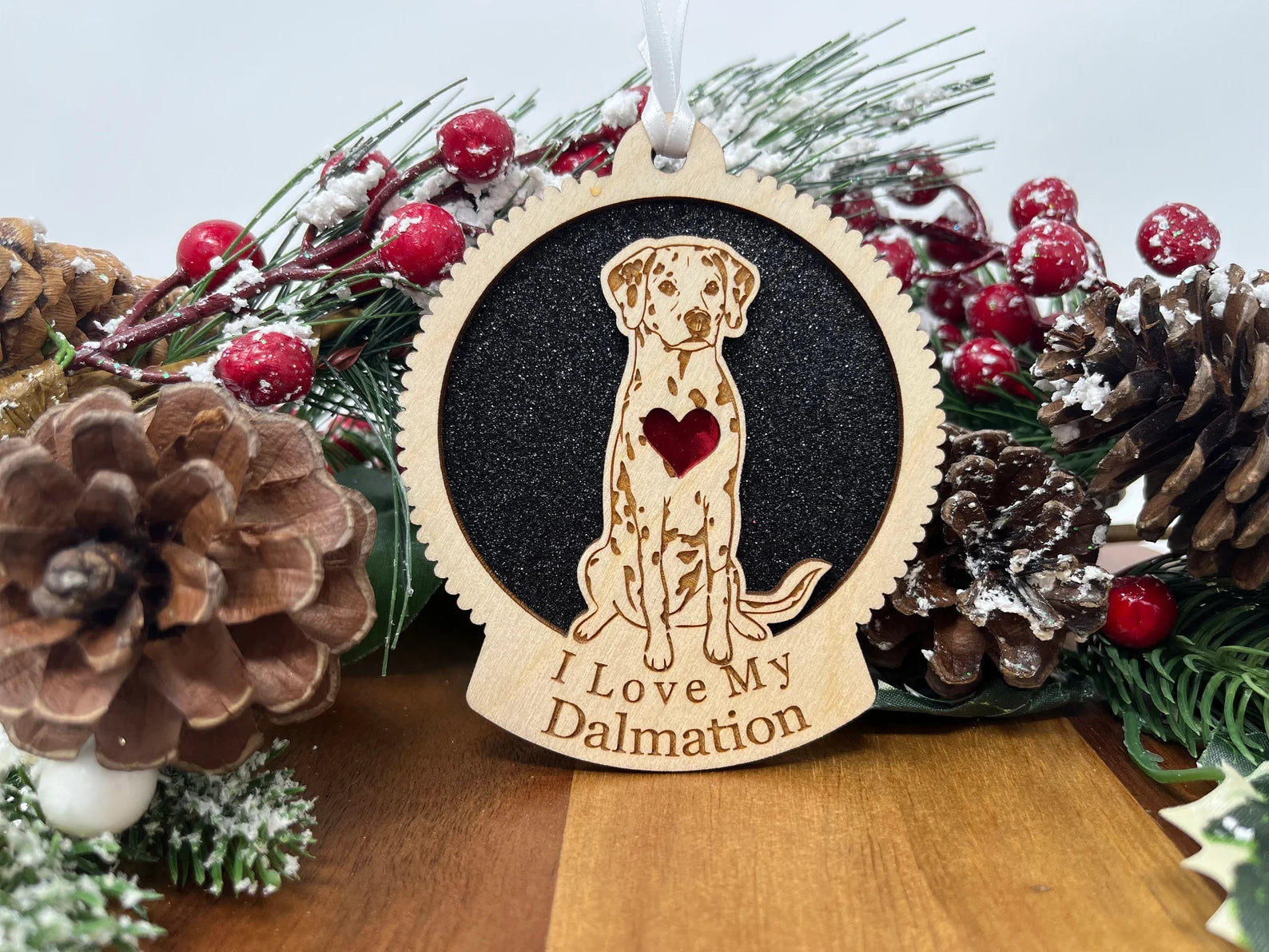 Love My Dalmatian ornament, a laser-cut wooden decoration featuring a Dalmatian silhouette, perfect for Christmas trees and wall hangings.