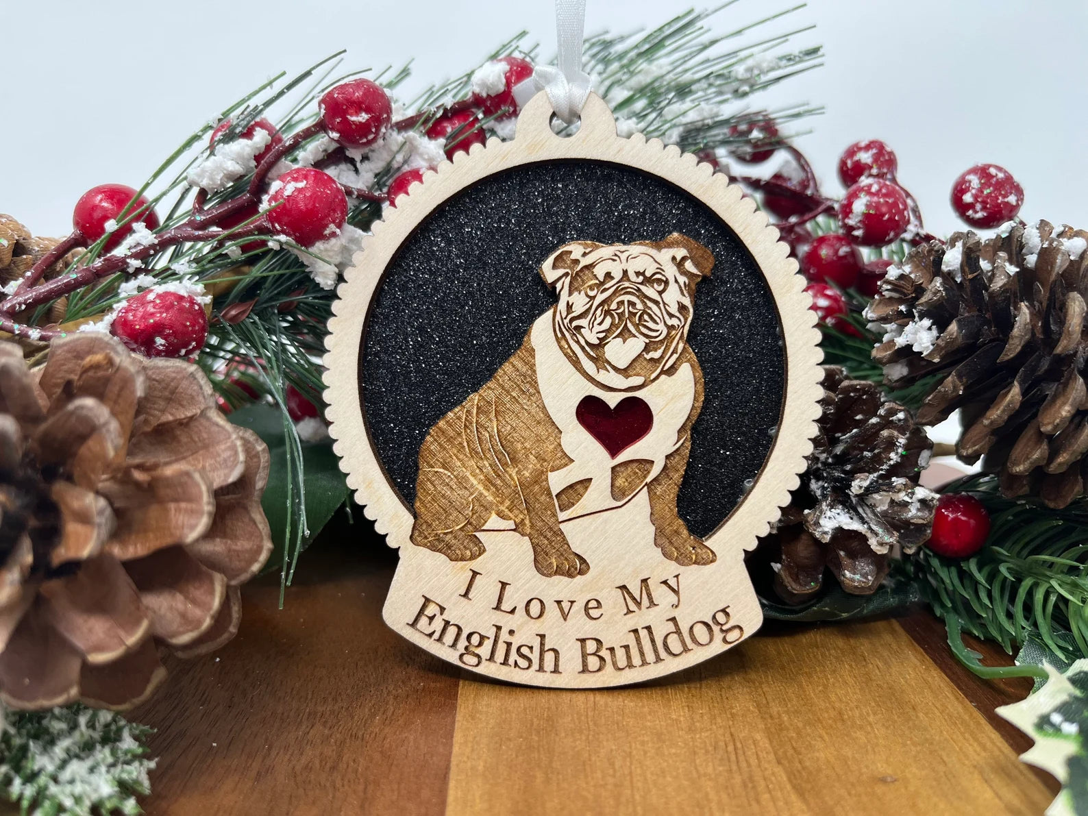 Laser cut wooden ornament featuring an English Bulldog silhouette, perfect for Christmas decoration.