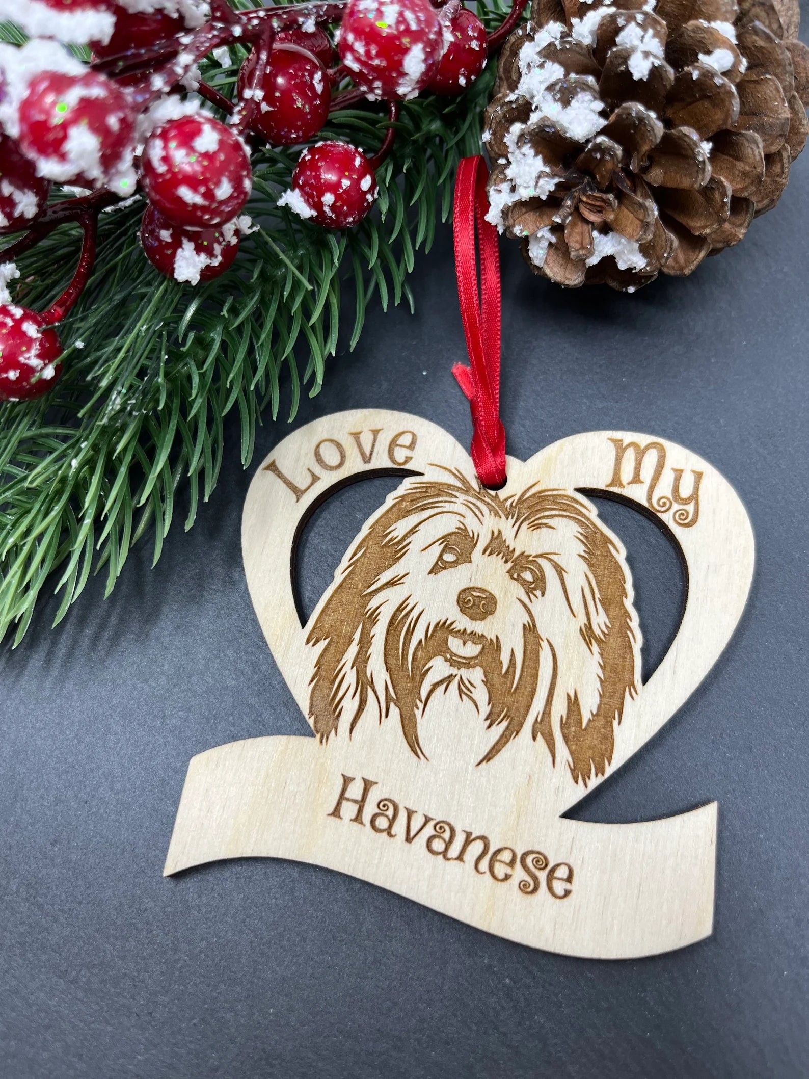 Laser engraved wooden ornament featuring a Havanese dog, perfect for Christmas decoration.