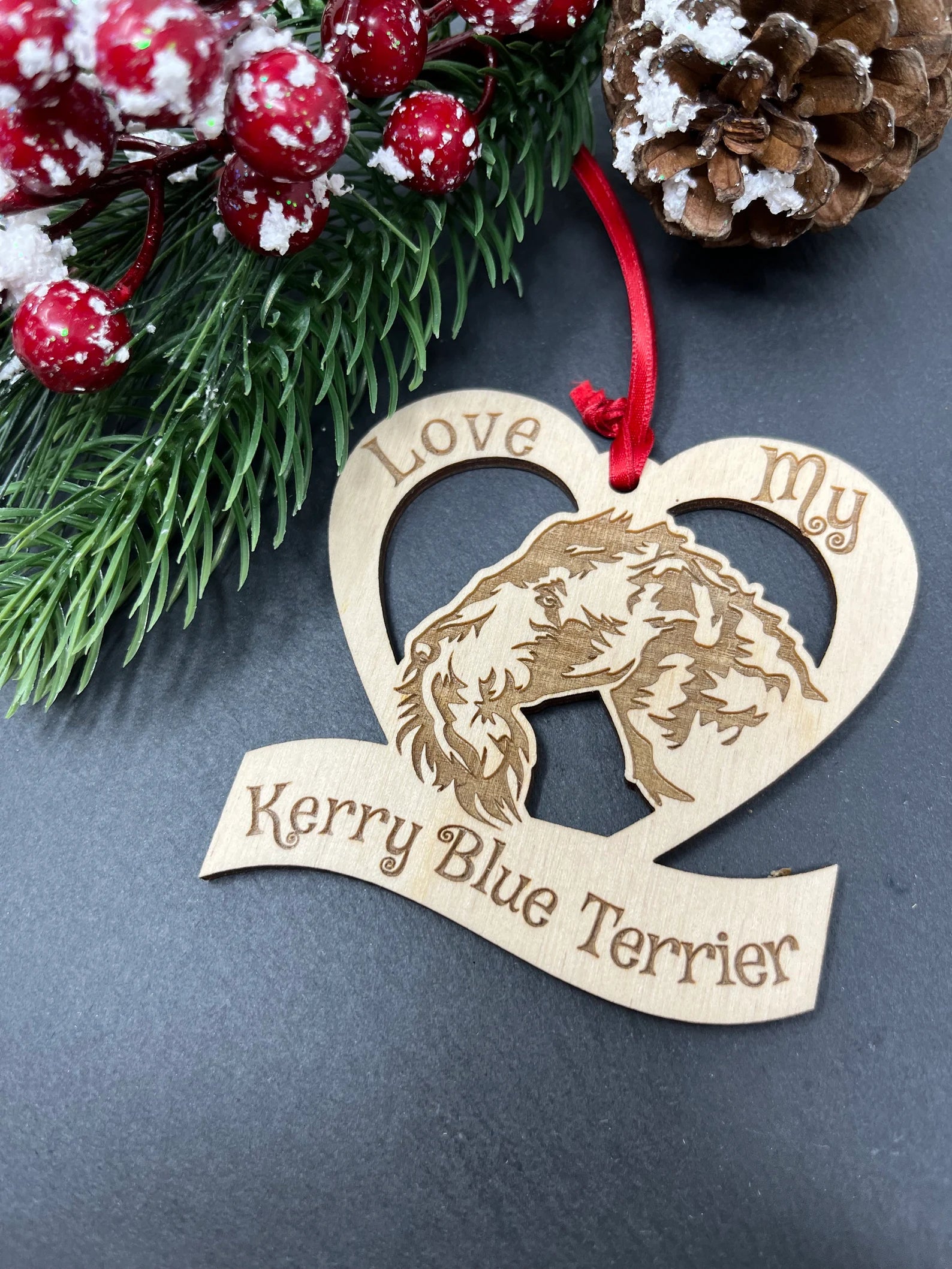 Laser engraved wooden ornament featuring a Kerry Blue Terrier, perfect for Christmas decoration.