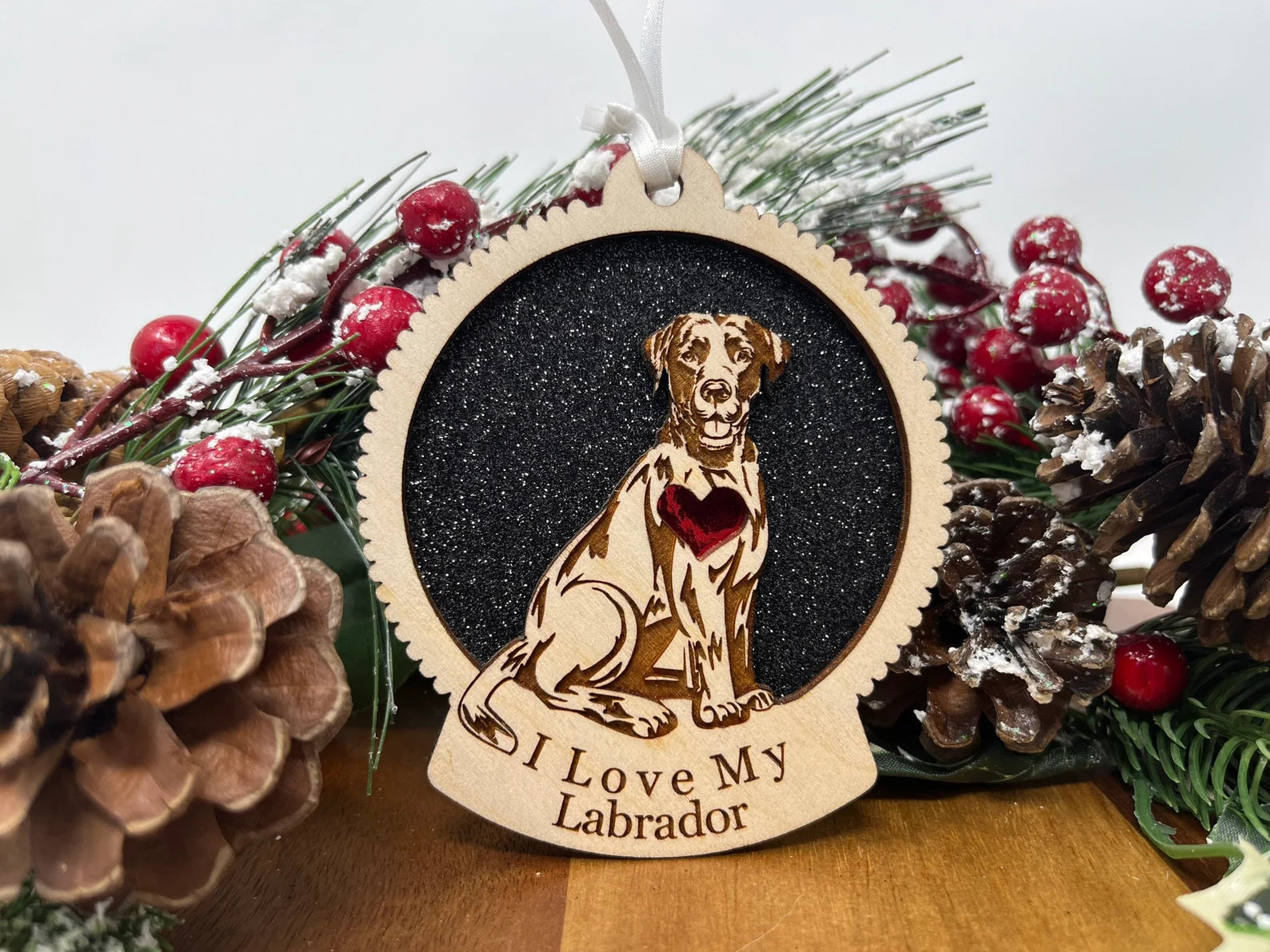 Love My Labrador Christmas ornament made of laser-cut Baltic Birch wood, featuring a Labrador silhouette, perfect for dog lovers.