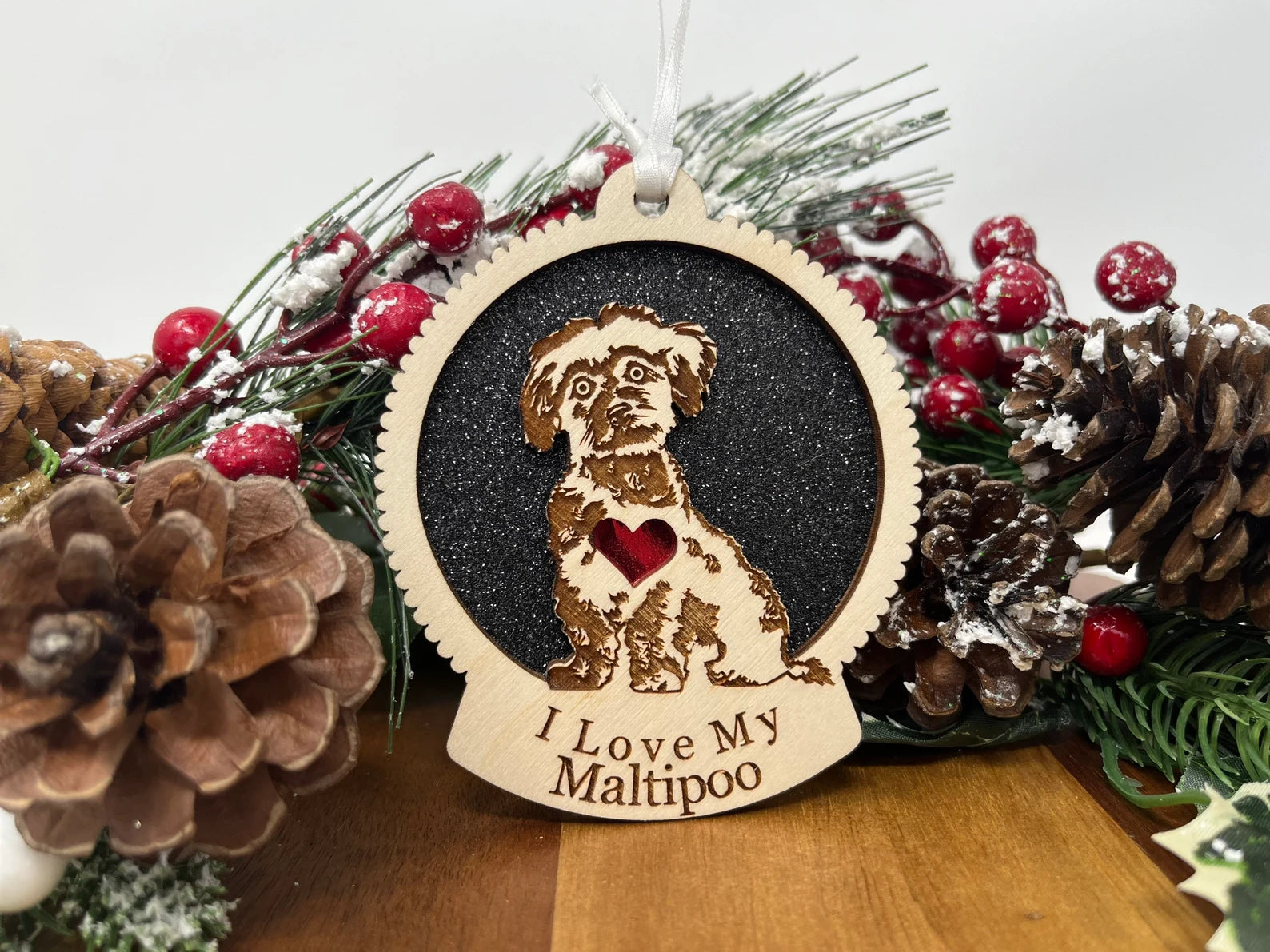 Love My Maltipoo ornament, laser-cut wooden design featuring a Maltipoo silhouette, perfect for Christmas decoration.