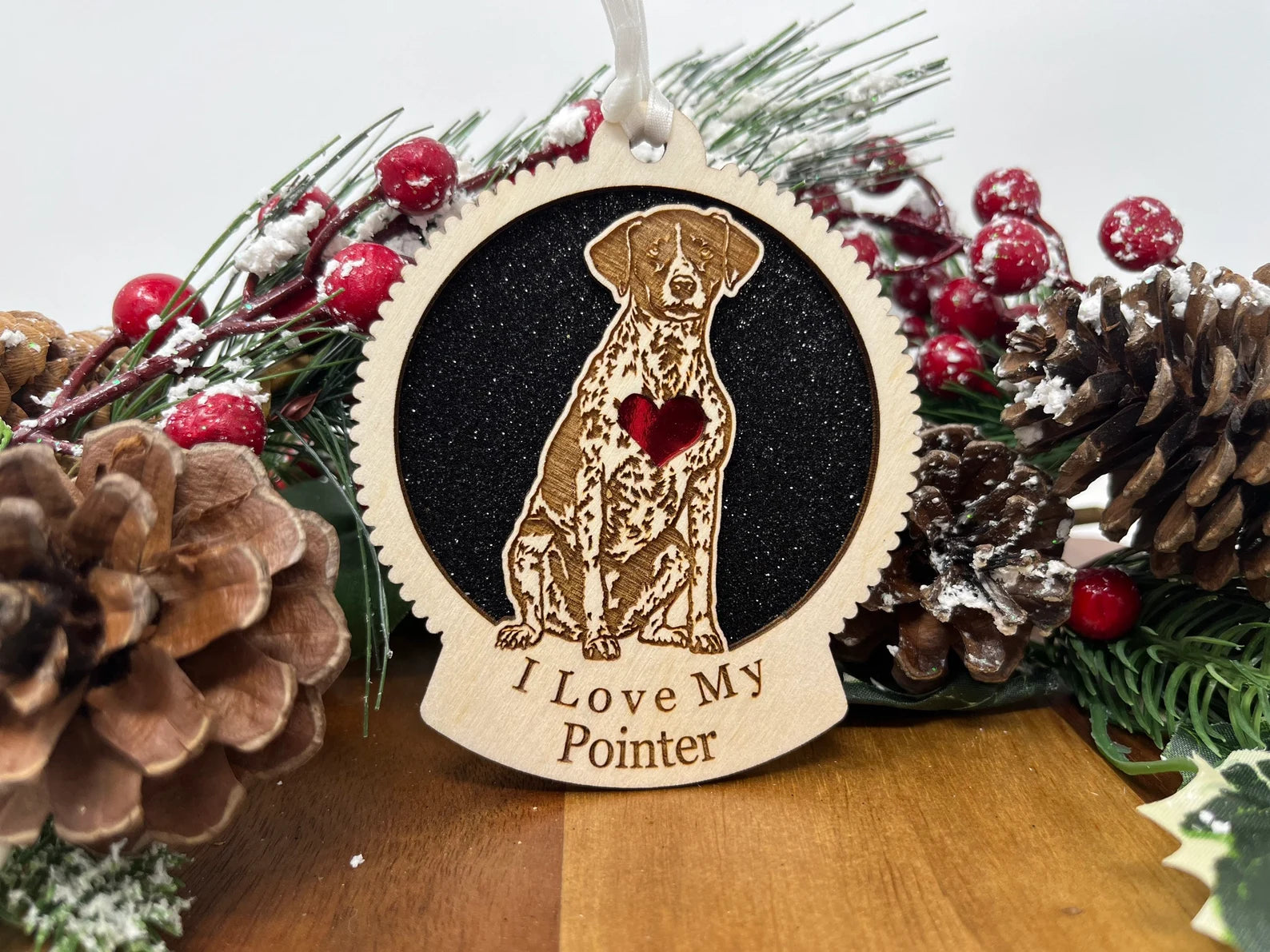 Love My Pointer ornament featuring a laser-cut silhouette of a pointer dog, made from Baltic Birch wood, perfect for Christmas decoration.