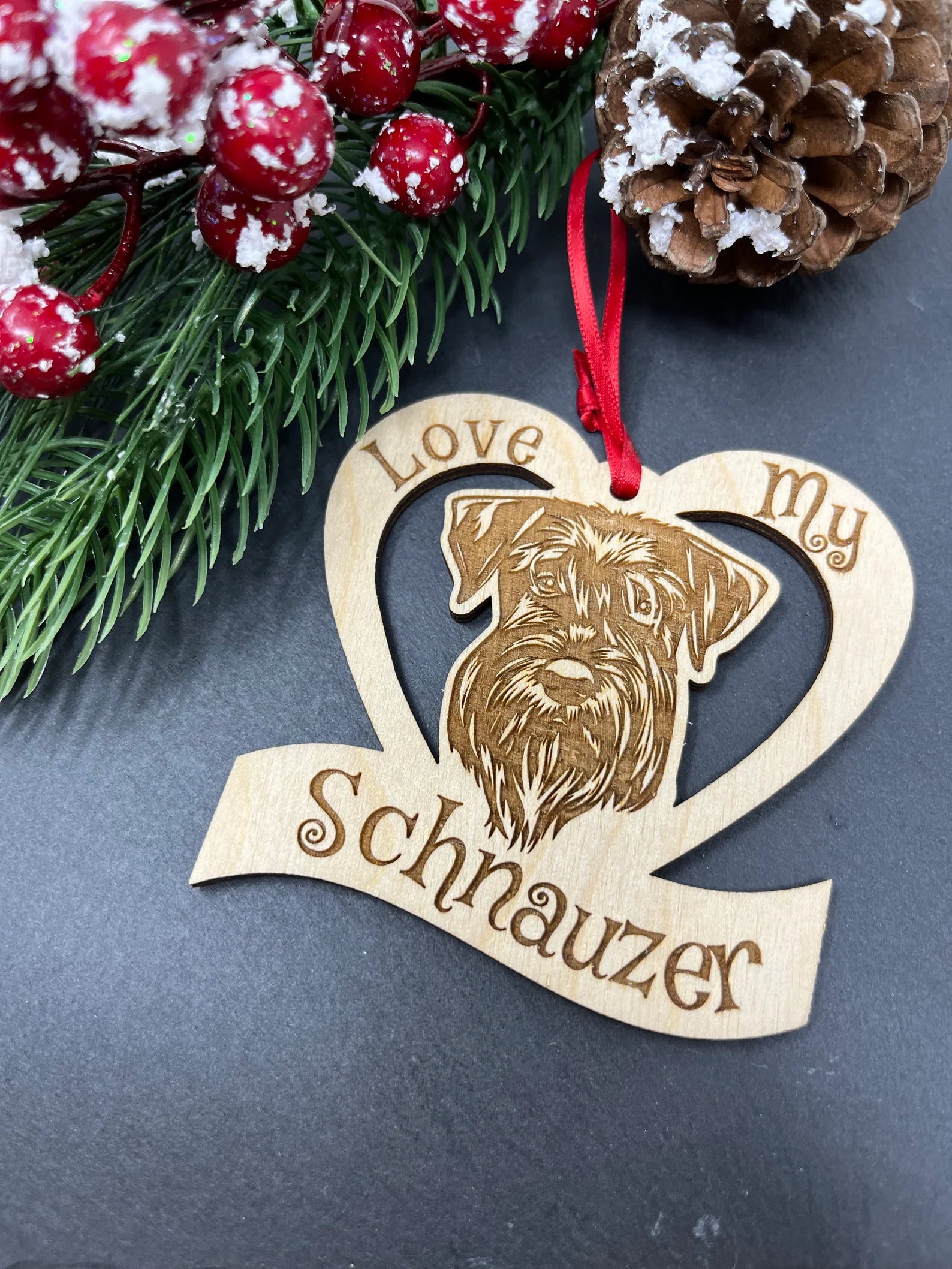 Love My Schnauzer ornament made of laser engraved Baltic Birch wood, featuring a Schnauzer design, perfect for Christmas decoration.