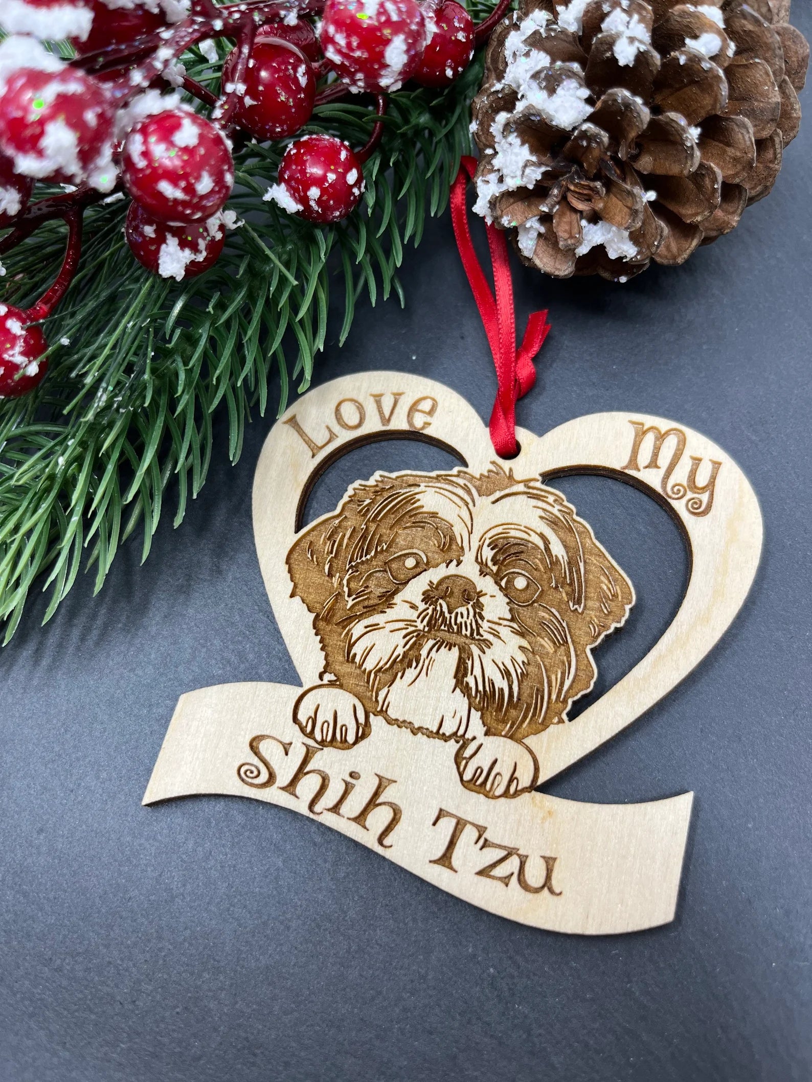 Beautiful laser engraved wooden ornament featuring a Shih Tzu design, perfect for Christmas decoration.