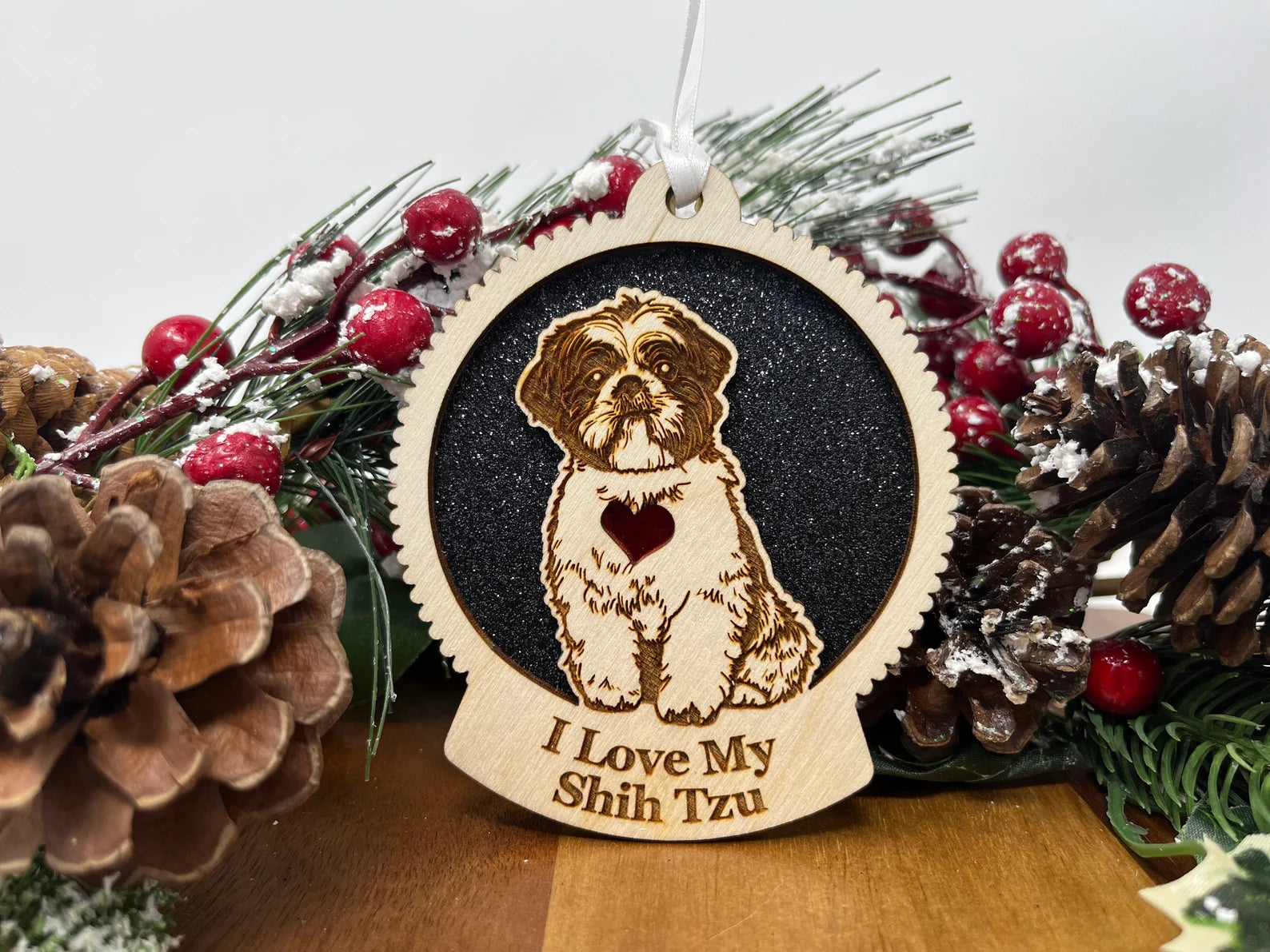 A beautifully crafted wooden ornament featuring a Shih Tzu silhouette, perfect for Christmas decoration.