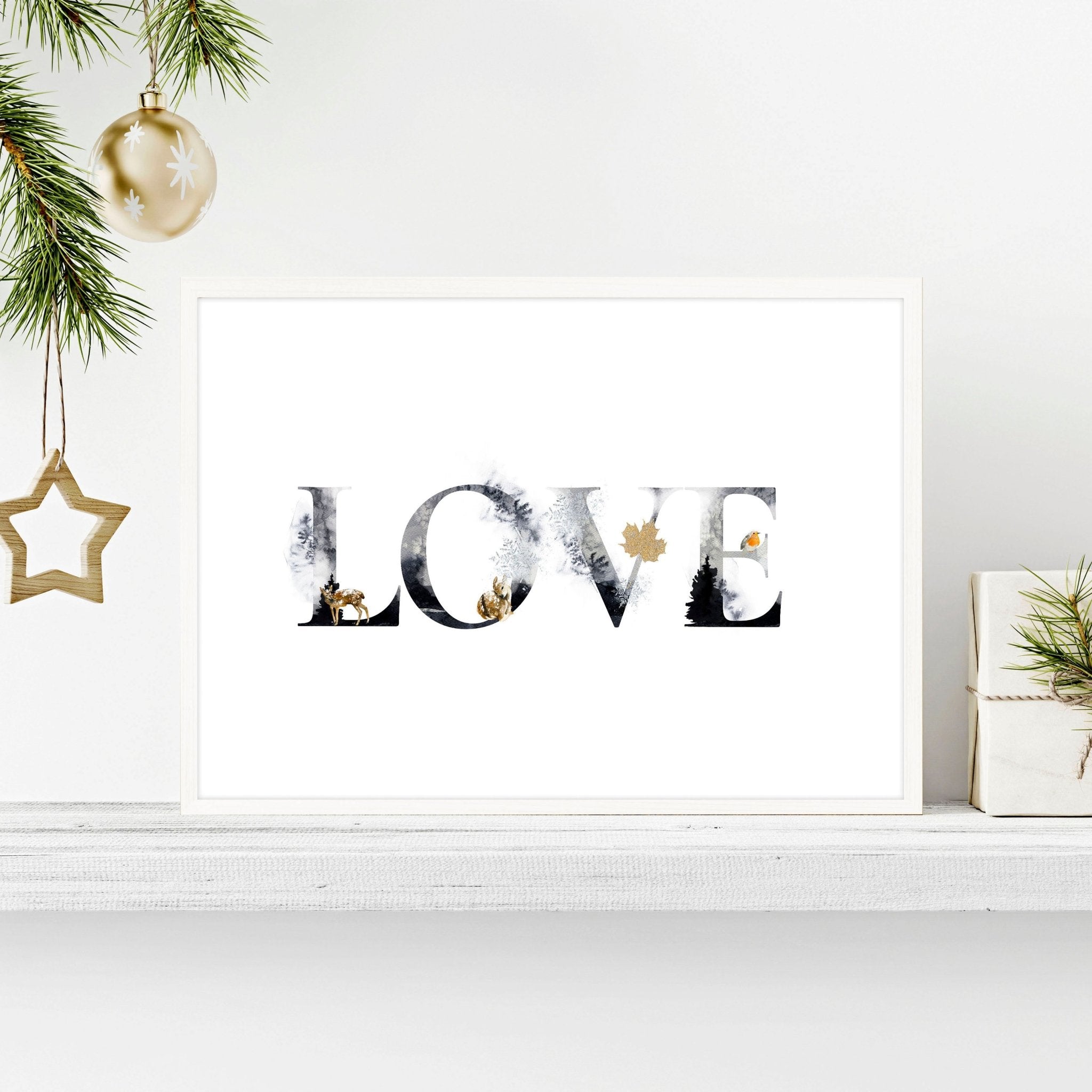 Charming Love wall art print featuring grayscale design with golden Christmas elements, perfect for festive decor.