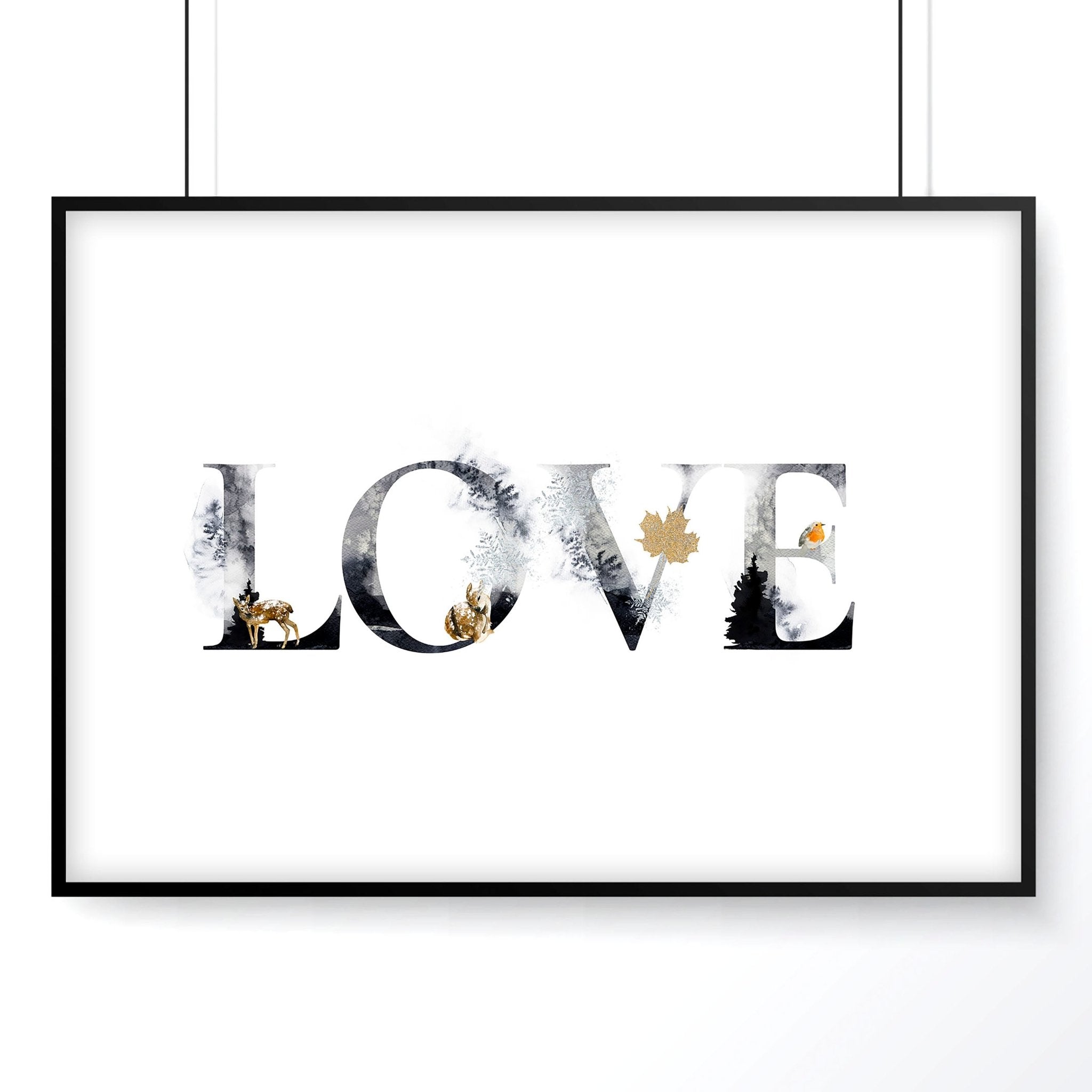 Charming Love wall art print featuring grayscale design with golden Christmas elements, perfect for festive decor.