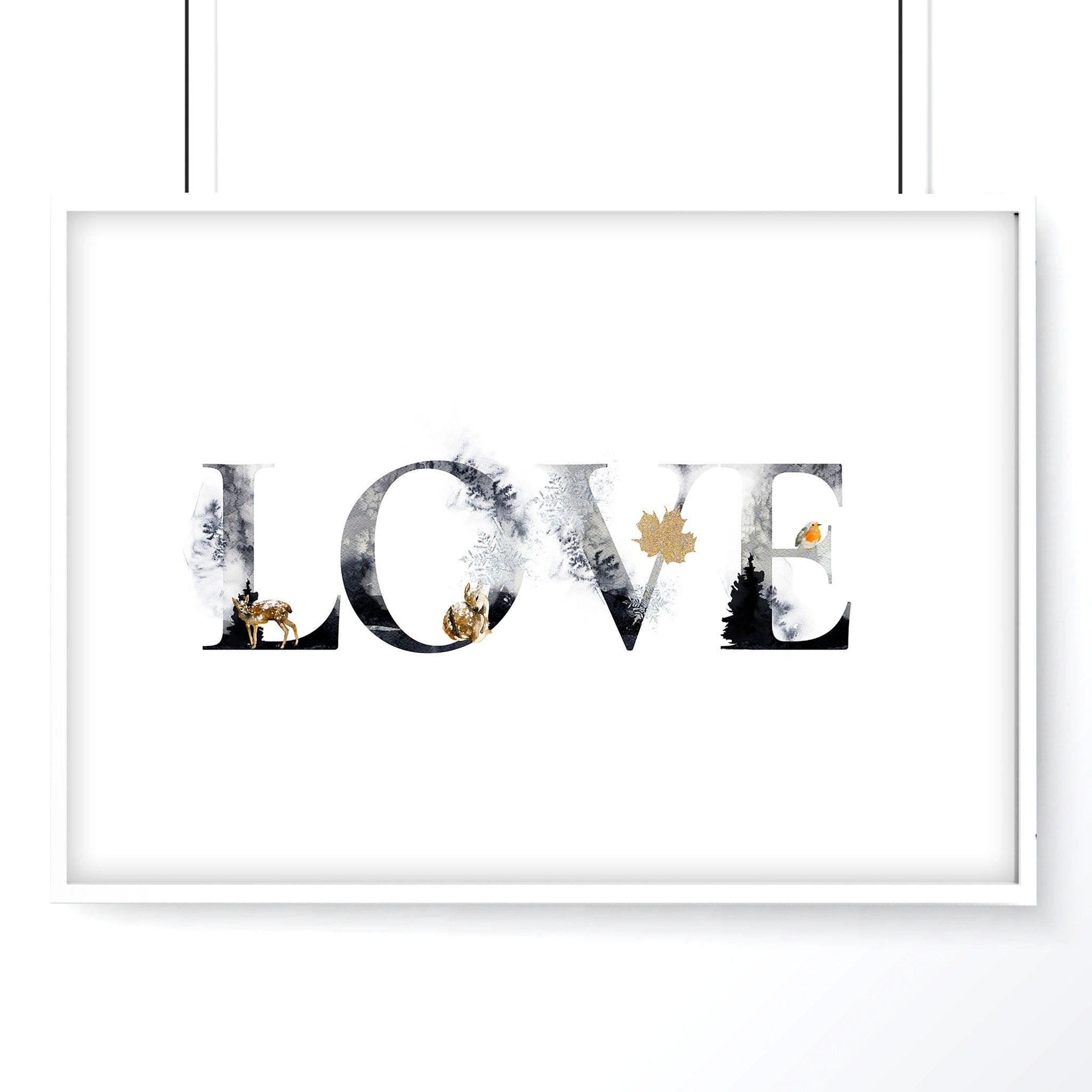 Charming Love wall art print featuring grayscale design with golden Christmas elements, perfect for festive decor.