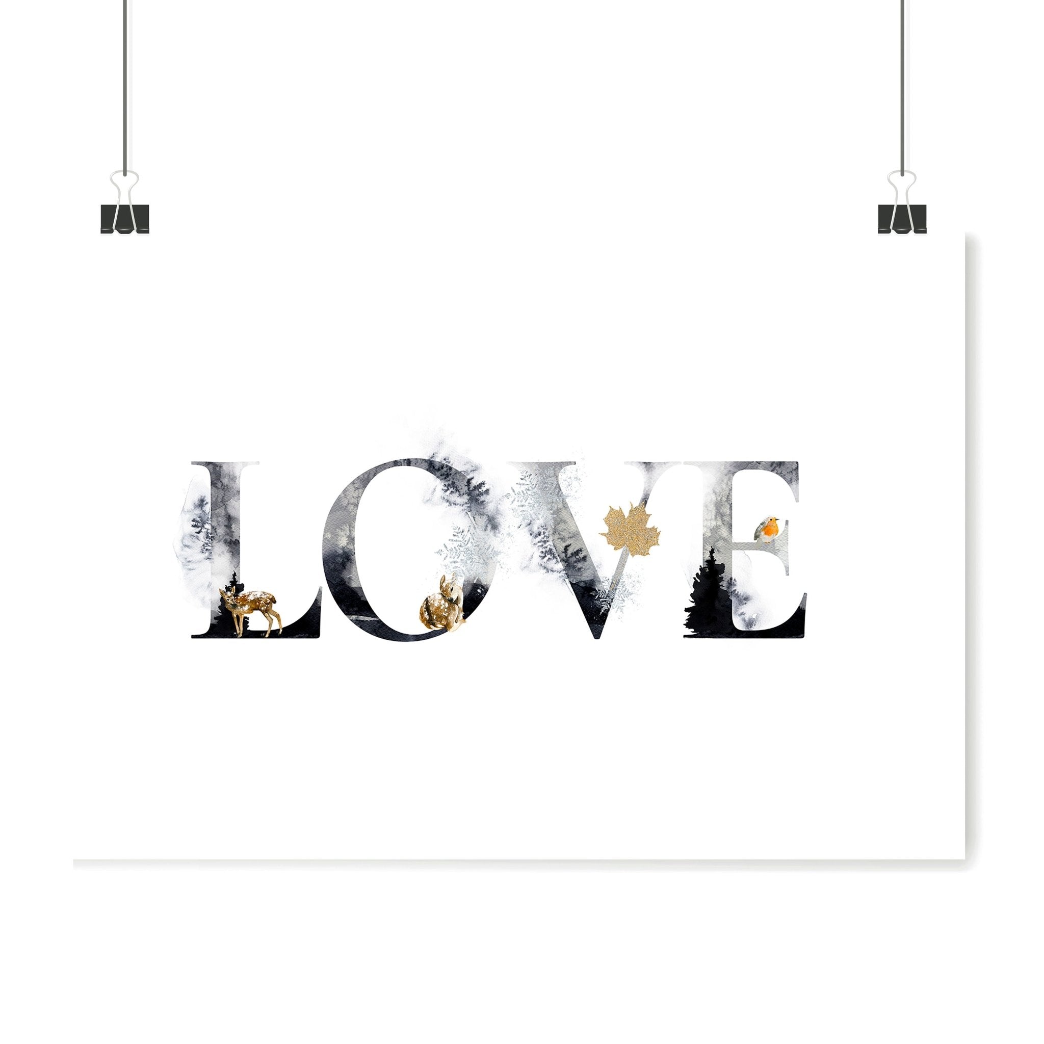 Charming Love wall art print featuring grayscale design with golden Christmas elements, perfect for festive decor.