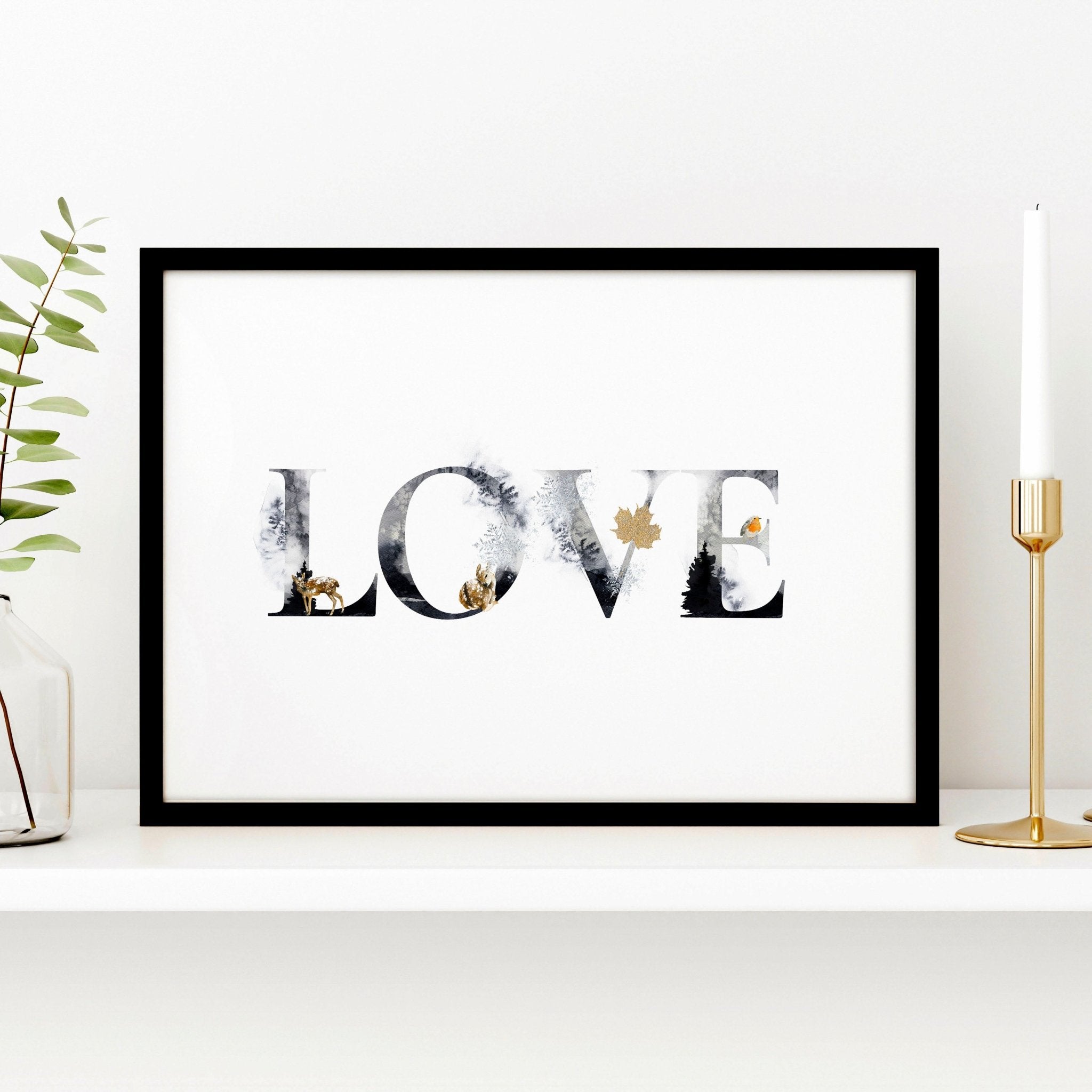 Charming Love wall art print featuring grayscale design with golden Christmas elements, perfect for festive decor.