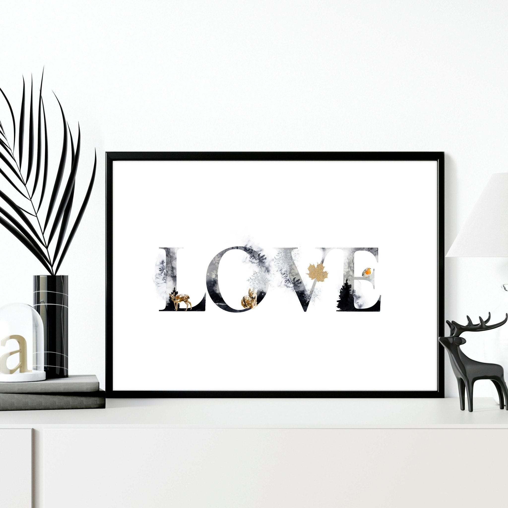 Charming Love wall art print featuring grayscale design with golden Christmas elements, perfect for festive decor.