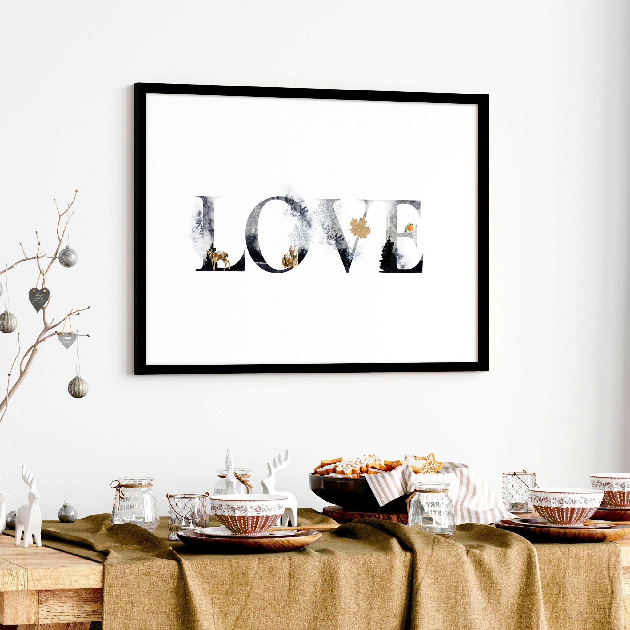 Charming Love wall art print featuring grayscale design with golden Christmas elements, perfect for festive decor.