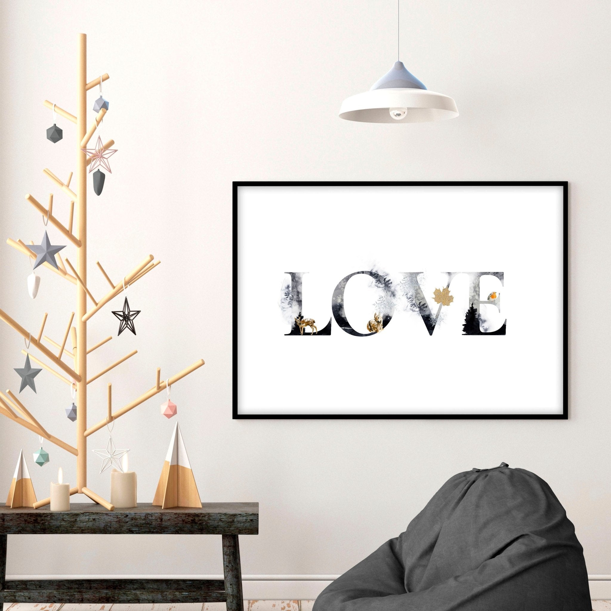 Charming Love wall art print featuring grayscale design with golden Christmas elements, perfect for festive decor.