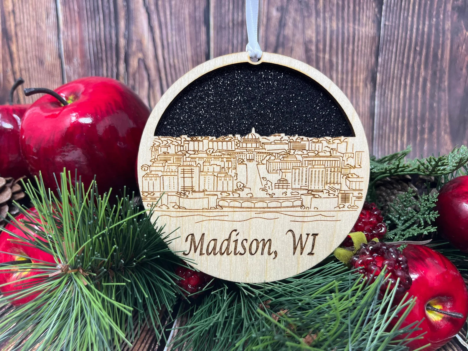 Madison Skyline Ornament made from premium Baltic birch wood, showcasing intricate city skyline design.