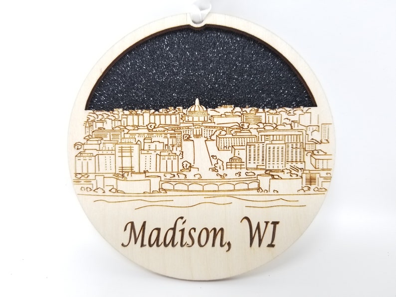 Madison Skyline Ornament made from premium Baltic birch wood, showcasing intricate city skyline design.