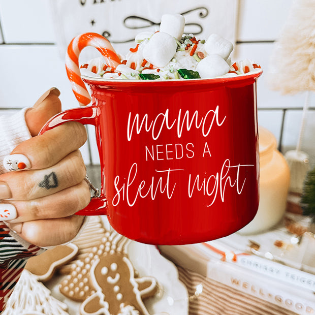 Mama Needs a Silent Mug in red and green ceramic with white lettering, showcasing a humorous design for parents.