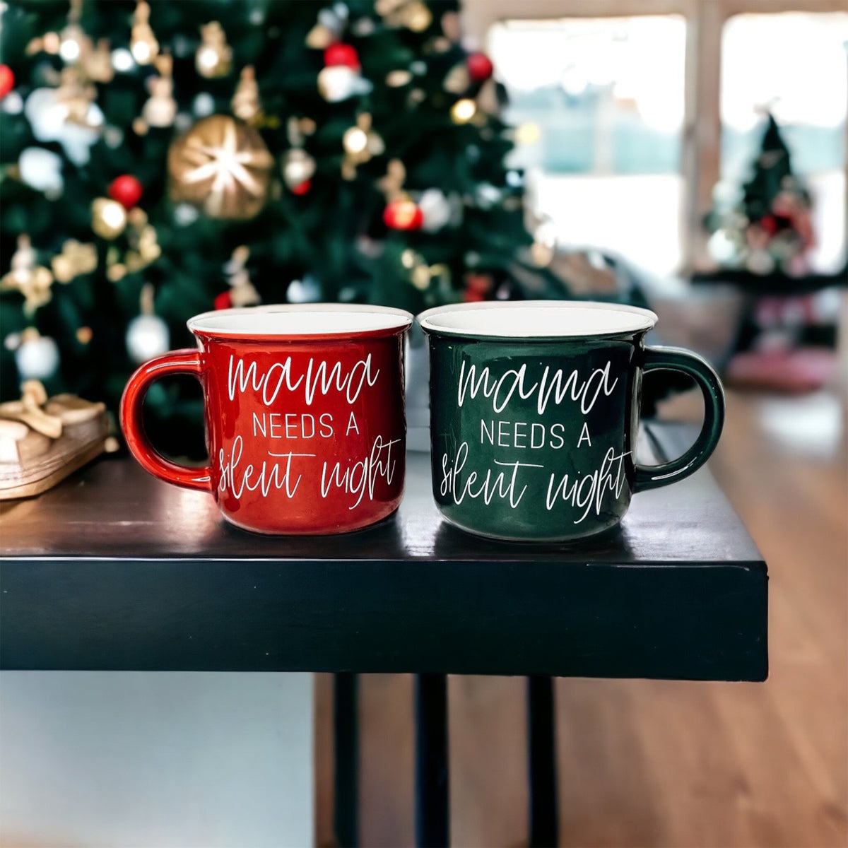 Mama Needs a Silent Mug in red and green ceramic with white lettering, showcasing a humorous design for parents.