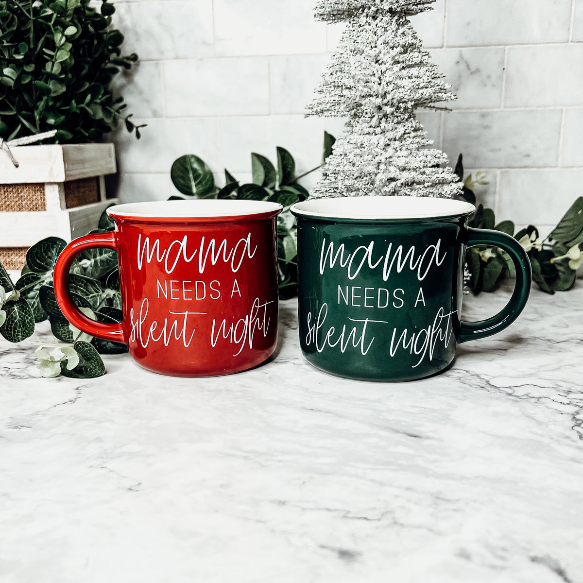 Mama Needs a Silent Mug in red and green ceramic with white lettering, showcasing a humorous design for parents.