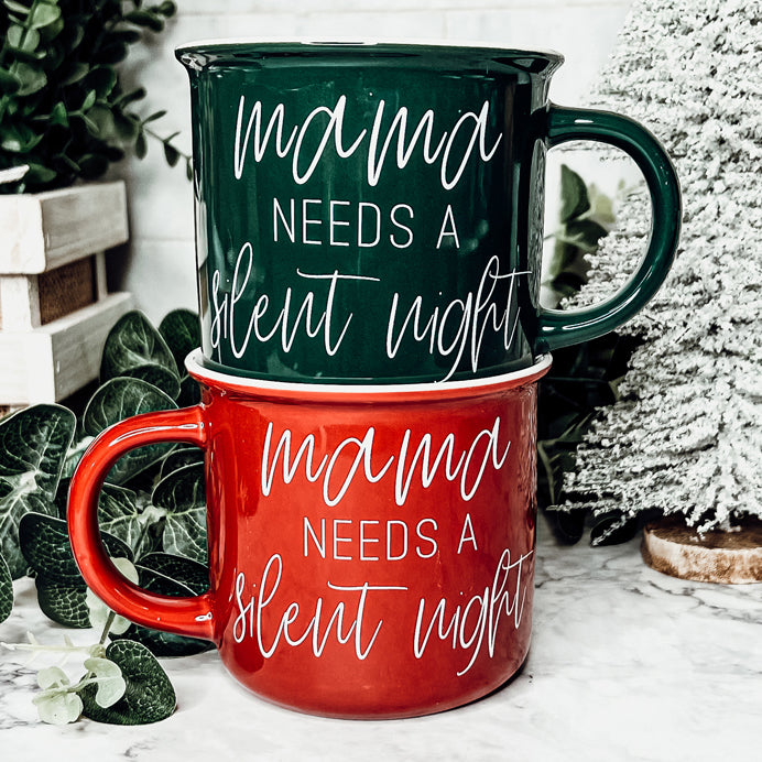 Mama Needs a Silent Mug in red and green ceramic with white lettering, showcasing a humorous design for parents.