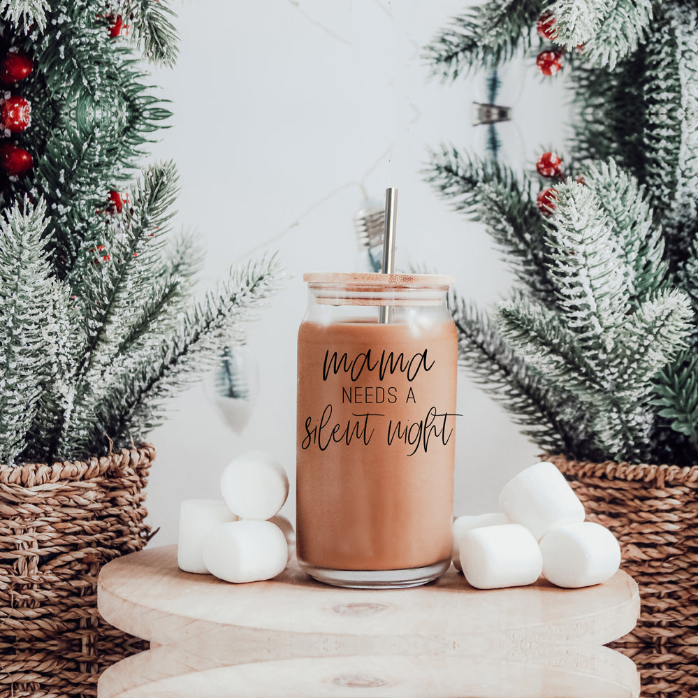 Mama - Silent Night glass drinking cup with bamboo lid and stainless steel straws, showcasing a sleek design and black graphic.