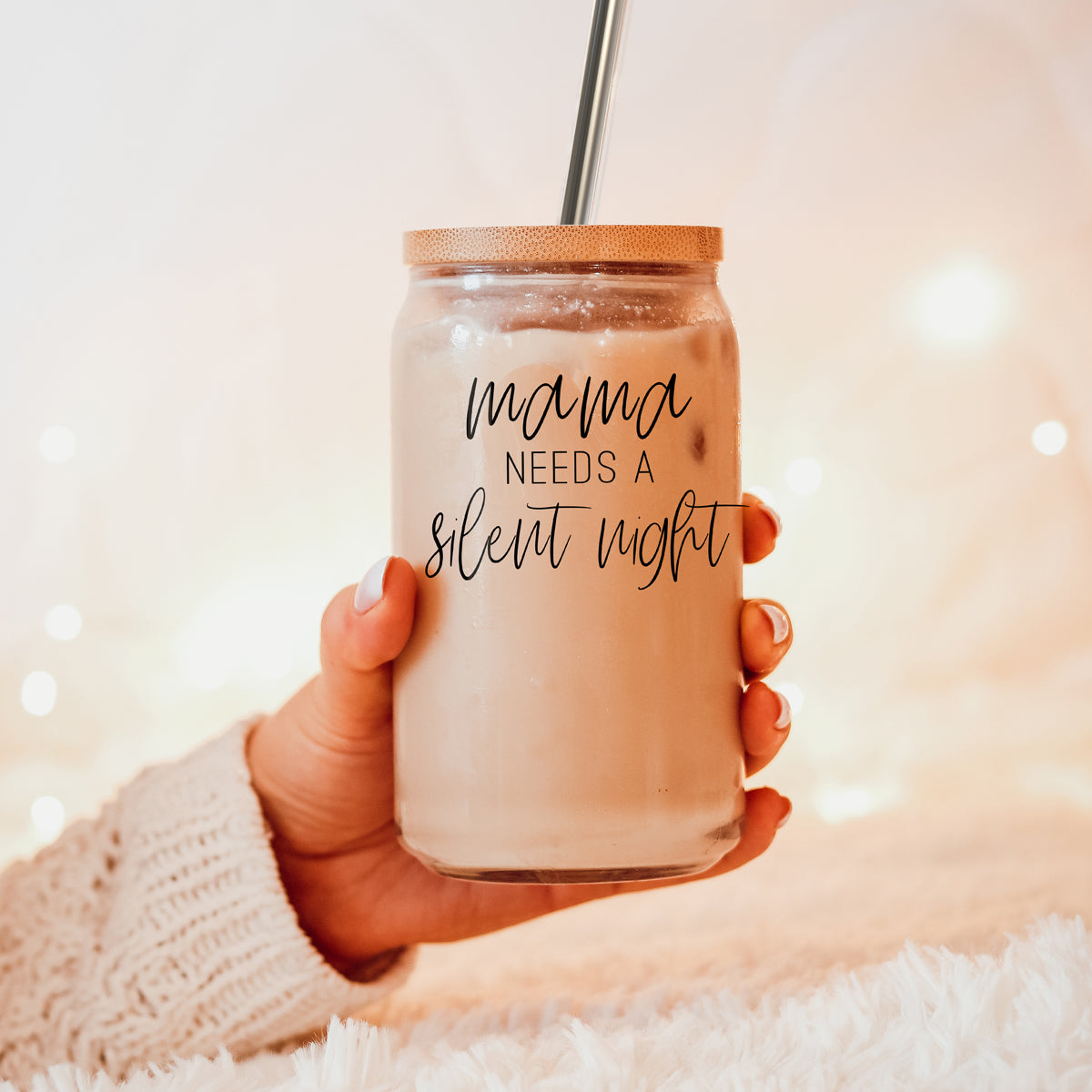 Mama - Silent Night glass drinking cup with bamboo lid and stainless steel straws, showcasing a sleek design and black graphic.