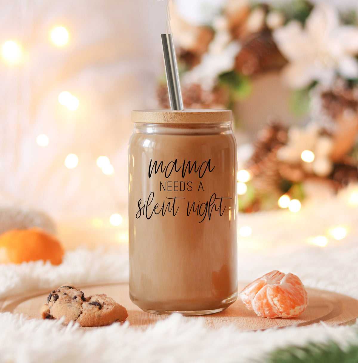 Mama - Silent Night glass drinking cup with bamboo lid and stainless steel straws, showcasing a sleek design and black graphic.