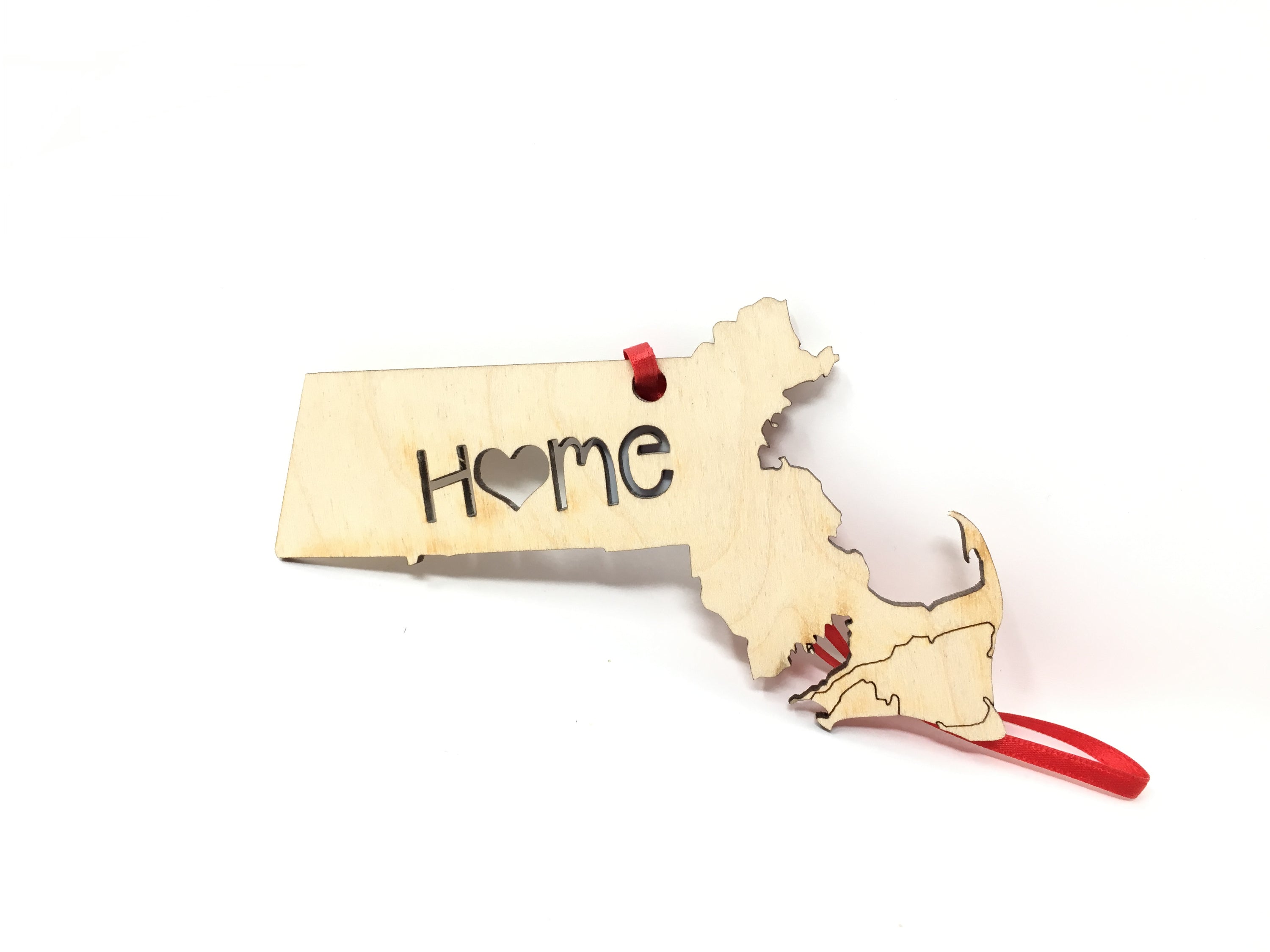 A charming Massachusetts State Wood Christmas Ornament featuring a 'Home' design, made from premium Baltic Birch wood.