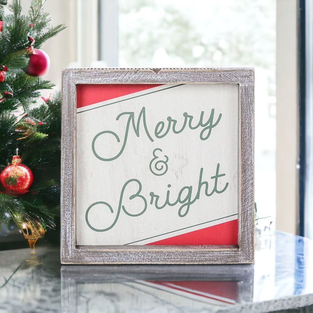 Merry & Bright 7-inch wood sign featuring festive red, green, and white colors with a cheerful holiday message.